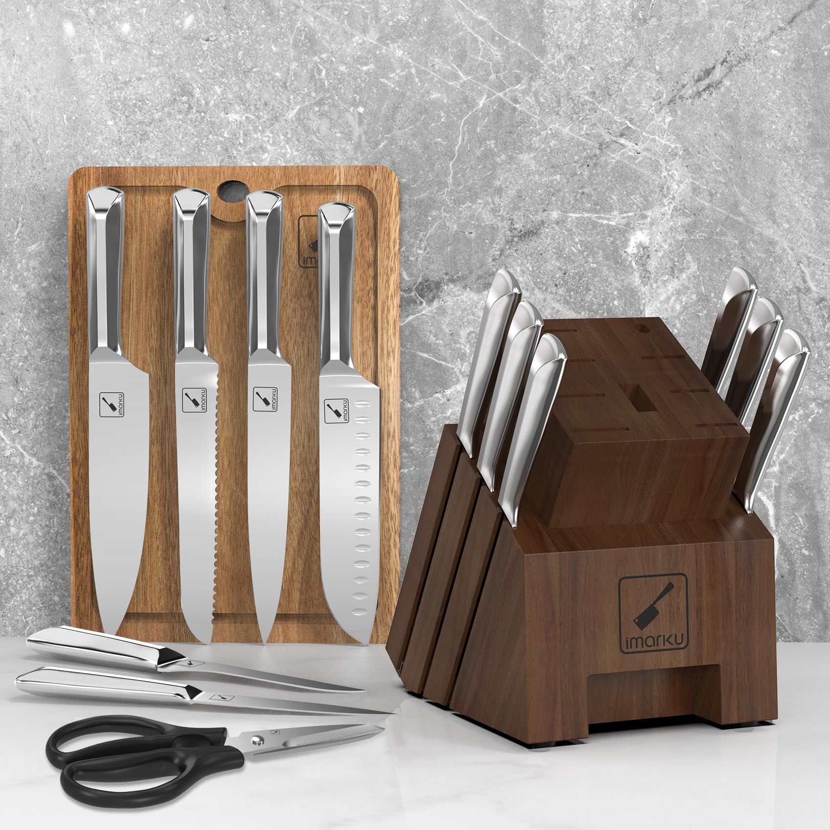 Imarku 16-Piece High Carbon Stainless Steel Kitchen Knife Set with Wooden Block - Ultra Sharp Japanese Knives with Non-Slip Dotted Ergonomic Handles - Perfect for Home Chefs, Cooking Enthusiasts & Gift Giving