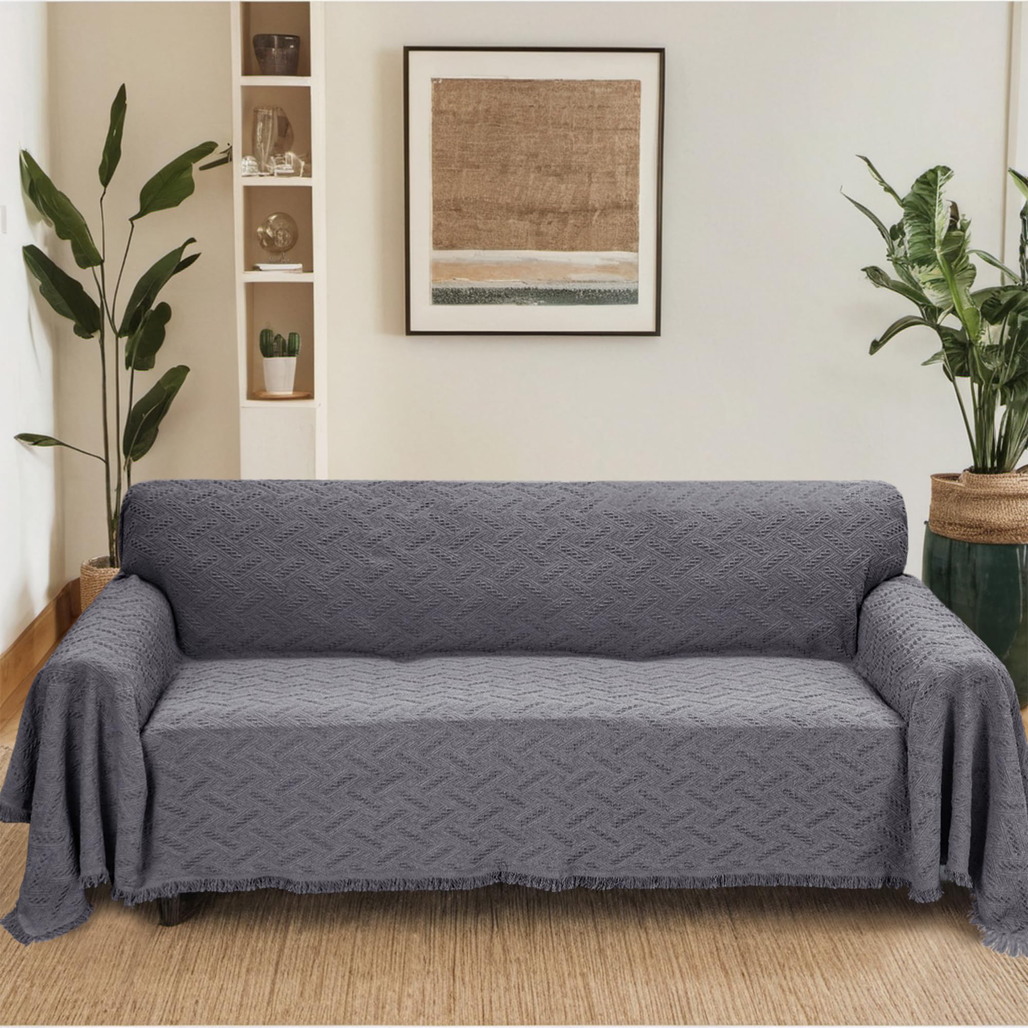 Geometric Throw Sofa Cover Blanket - Washable 3-Cushion Couch Cover, Pet-Friendly Furniture Protector for Dogs (Small, Dark Grey) - Perfect for Living Room Decor & Pet Owners