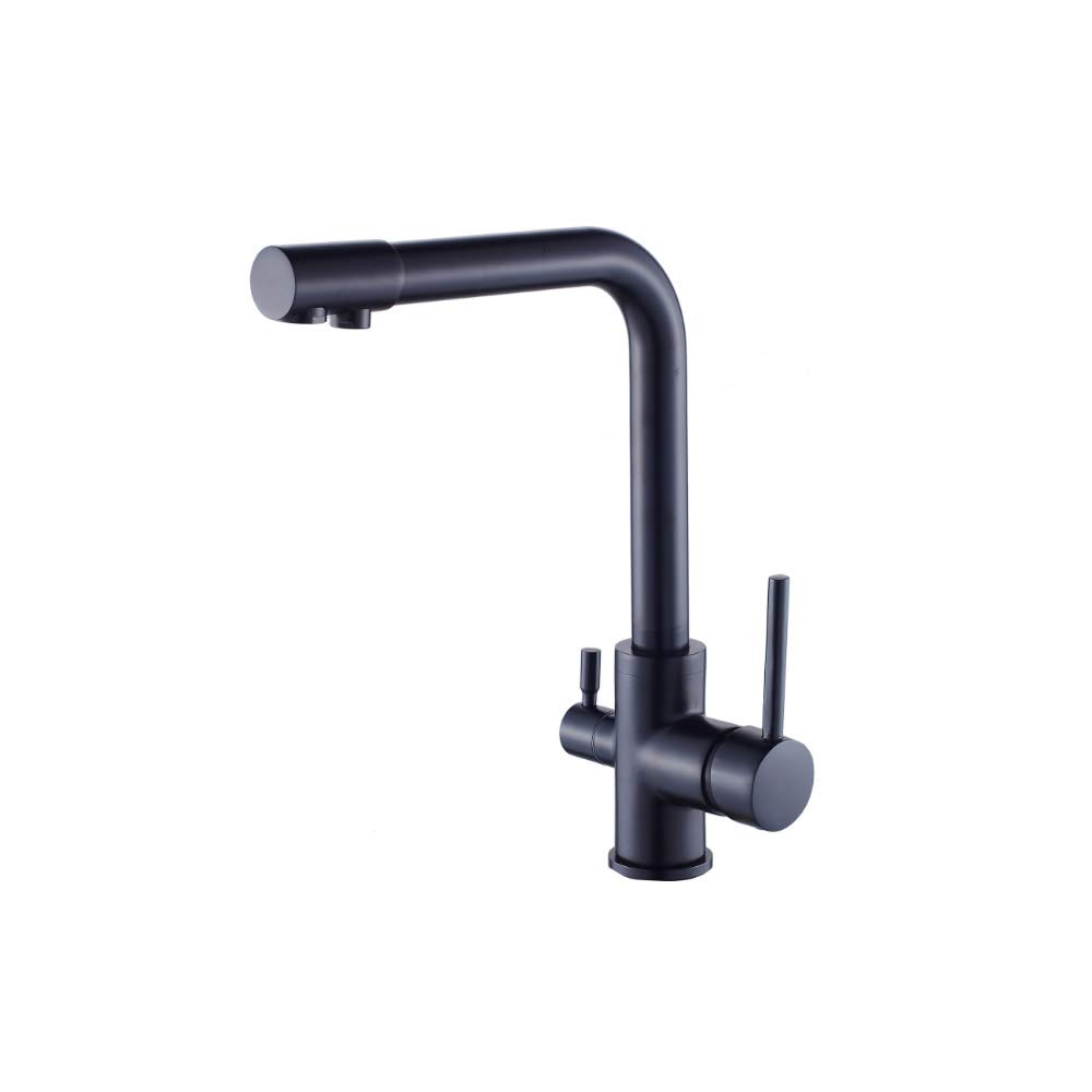 Modern Matte Black Dual Handle Kitchen Sink Faucet with Pull-Down Sprayer & Built-in Water Filter - High Arc Swivel Spout for Bar, Prep, and Farmhouse Sinks - Perfect for Cooking, Washing Dishes & Food Prep