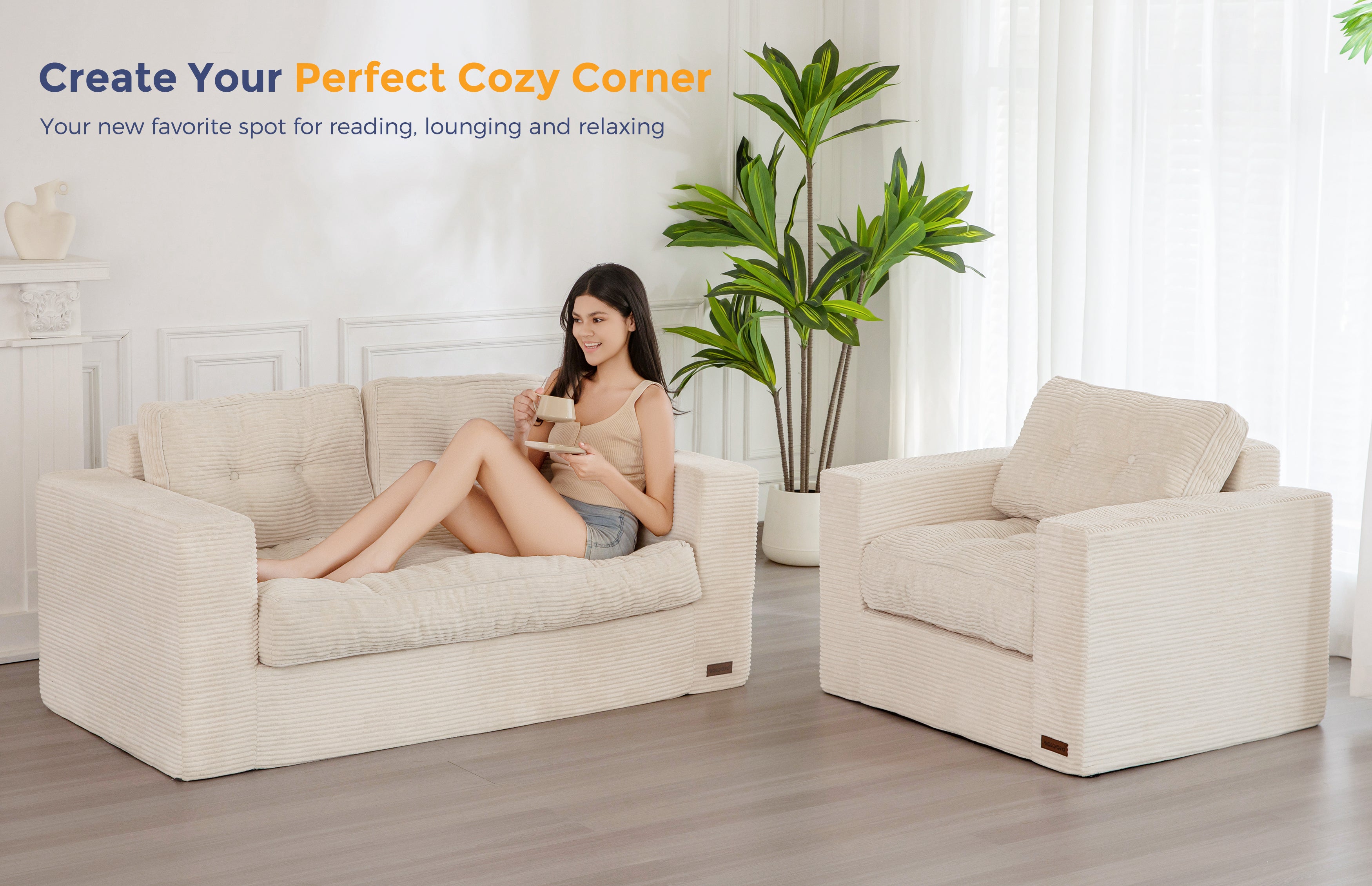 MAXYOYO Large Bean Bag Chair for Adults - Soft Upholstered Floor Sofa with Armrests, Tufted Cushion & Backrest - Portable Sofa in A Box - Perfect for Bedroom, Living Room & Dorm - Comfortable Beige Boneless Couch for Relaxing, Gaming & Movie Nights