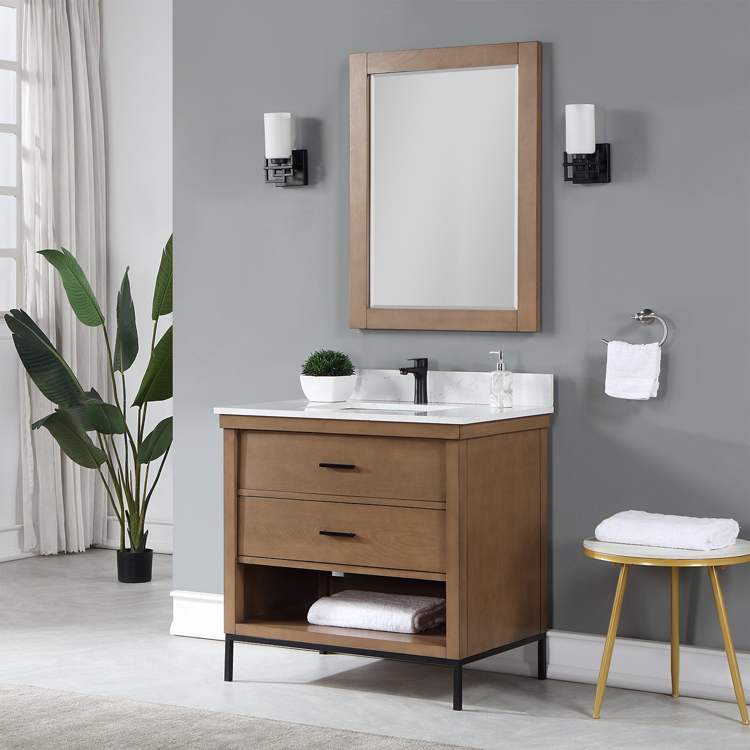 Kesia 36 Inch Single Bathroom Vanity Set with Aosta White Composite Stone Countertop - Modern Sink Cabinet for Small Bathrooms, Powder Rooms & Guest Baths