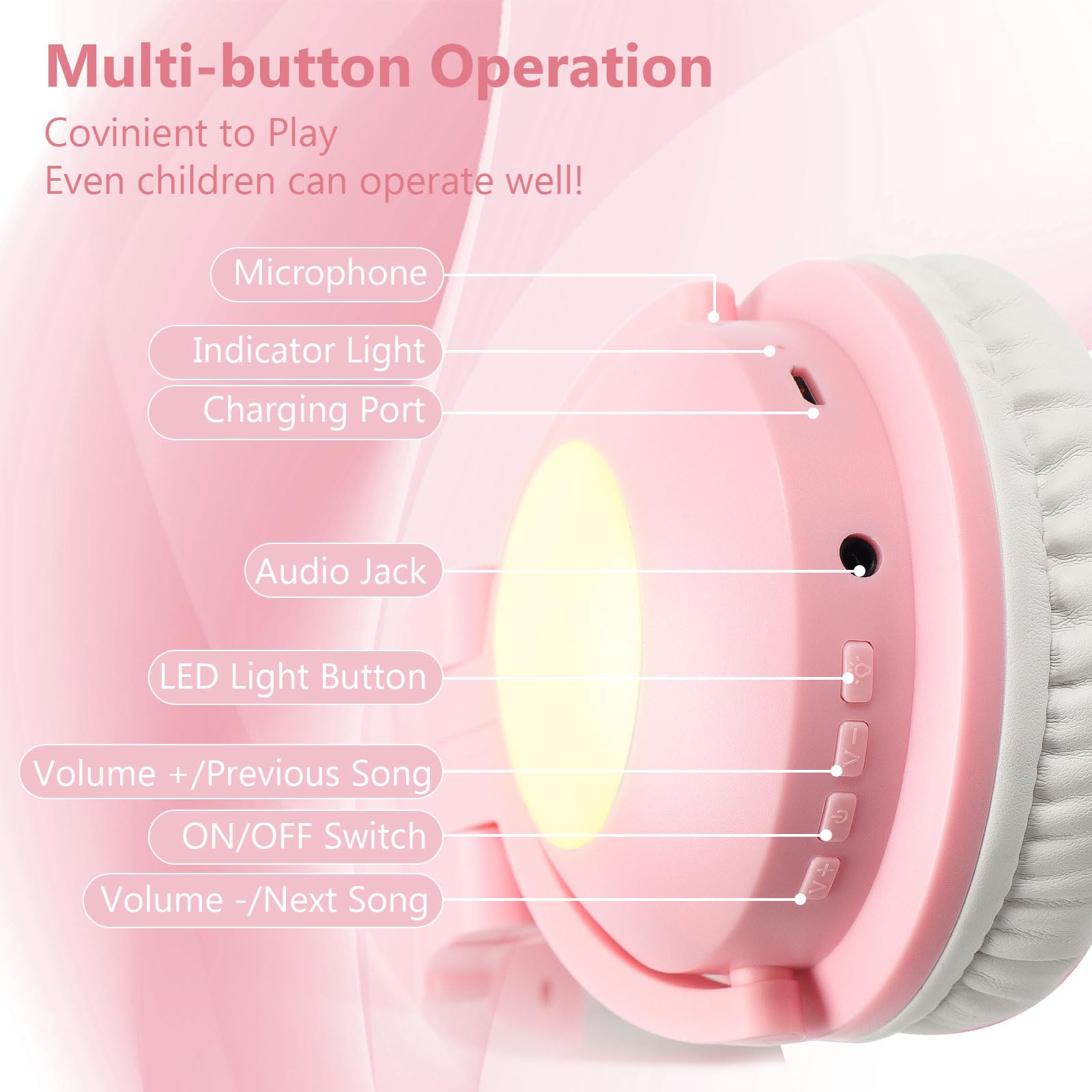 Wireless Cat Ear Headphones with LED Lights - Foldable Over-Ear Bluetooth Headset with Built-in Mic for Adults & Kids, Compatible with iPhone/Android/PC/Tablet/TV (Pink) - Perfect for Gaming, Music, Online Classes & Cosplay
