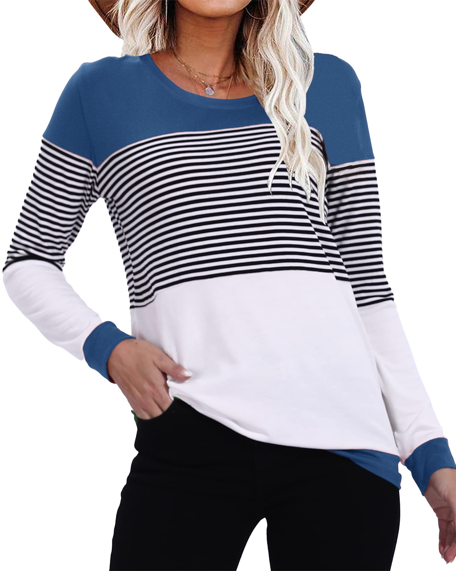 LAZYCHILD Women's Long Sleeve Color Block Striped Tunic Top - Casual Blouse Tee Shirt for Work, Travel & Everyday Wear