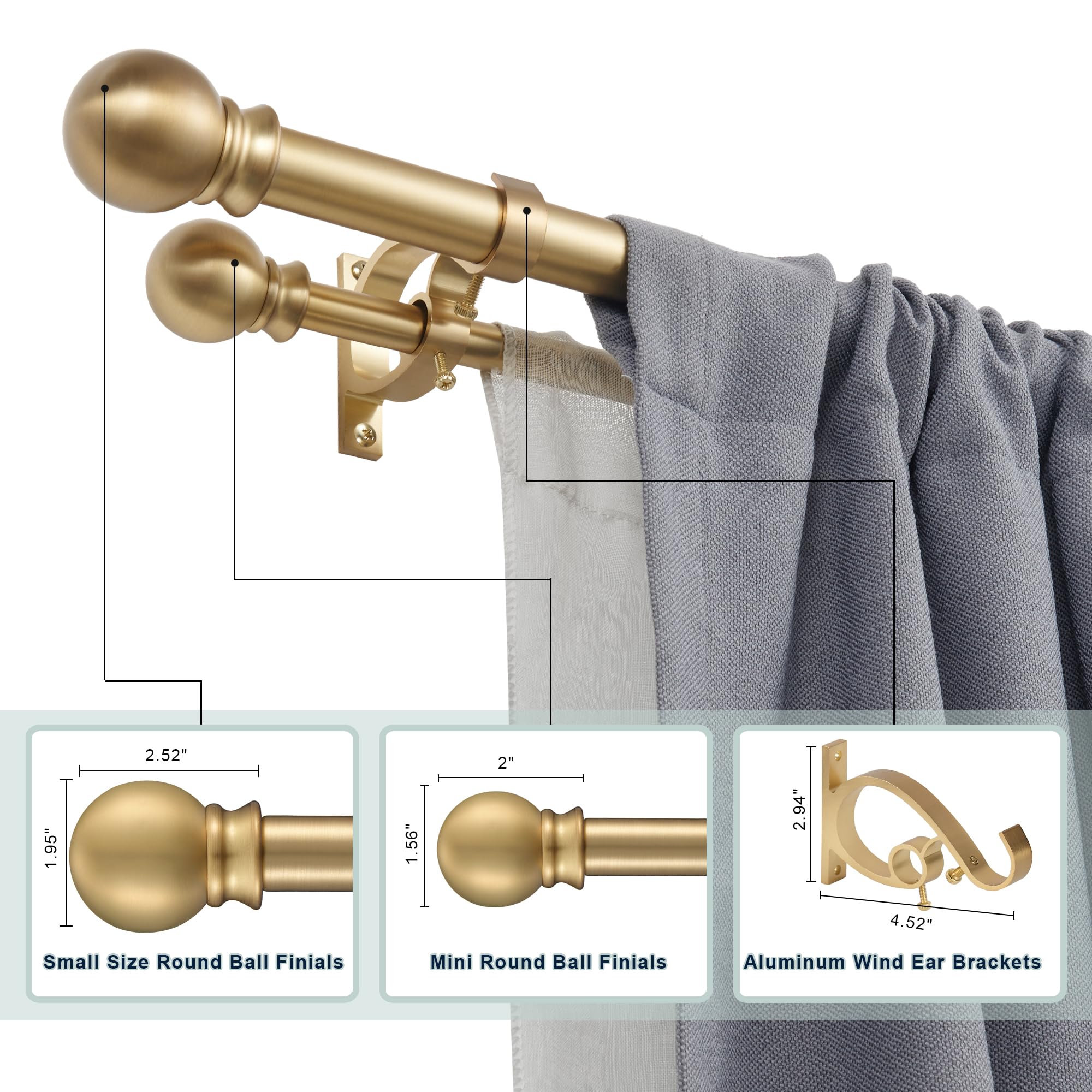 72-144 Inch Adjustable Warm Gold Double Curtain Rod Set - 1’’ Front & 5/8’’ Back Drapery Rod with Small Round Ball Finials & Aluminum Brackets for Sheer/Blackout Curtains - Perfect for Living Room, Bedroom & Bay Windows