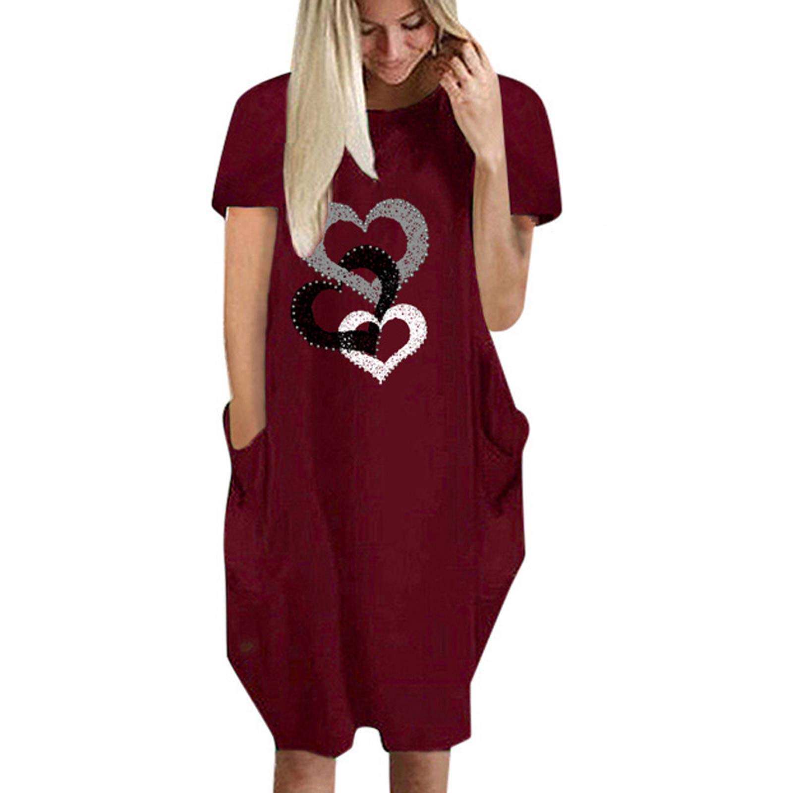 BFAFEN Women's Plus Size Summer Dress - Heart Print Midi Dress with Round Neck & Short Sleeves, Casual Loose Fit Shirt Dress for Beach, Vacation & Everyday Wear