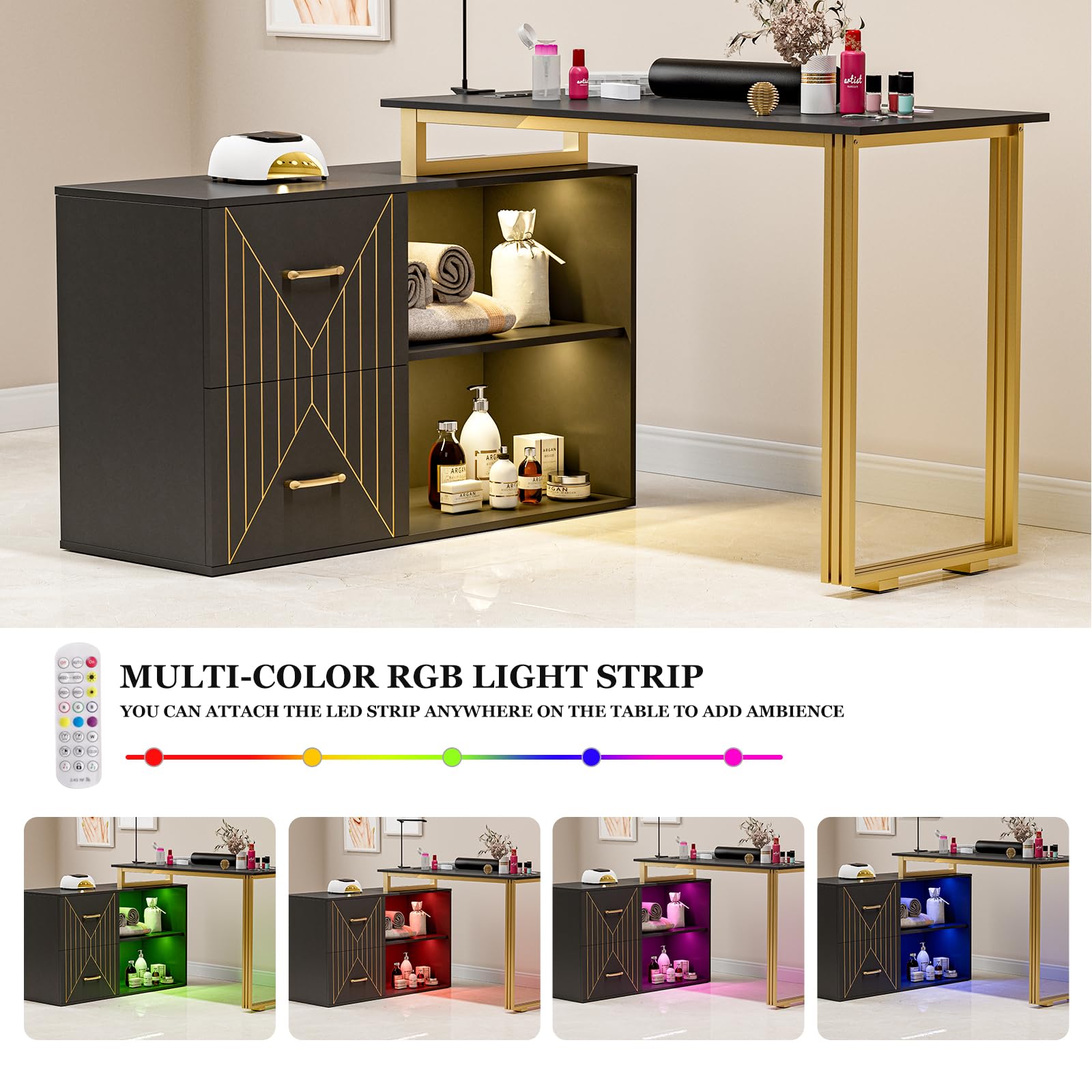 16 Colors LED Manicure Table with 2 Drawers & Shelves - L-Shaped Nail Tech Station for Beauty Salon - Includes Wrist Rest & Metal Handles (Black) - Perfect for Professional Nail Artists & Home Nail Care