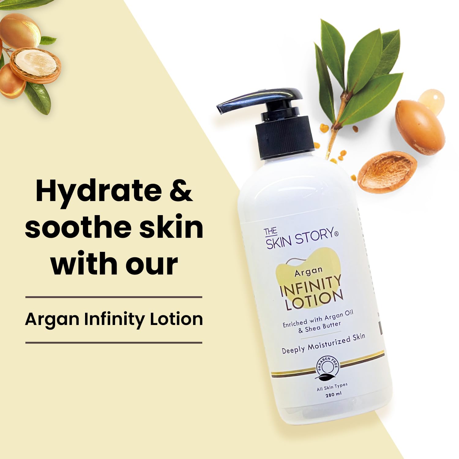 The Skin Story Argan Infinity Body Lotion for Dry Skin - Deep Hydration & Anti-Aging with Argan Oil, Shea Butter & Macadamia Nut Oil | Paraben Free 280ml | Perfect for Daily Moisturizing & Nighttime Skin Repair