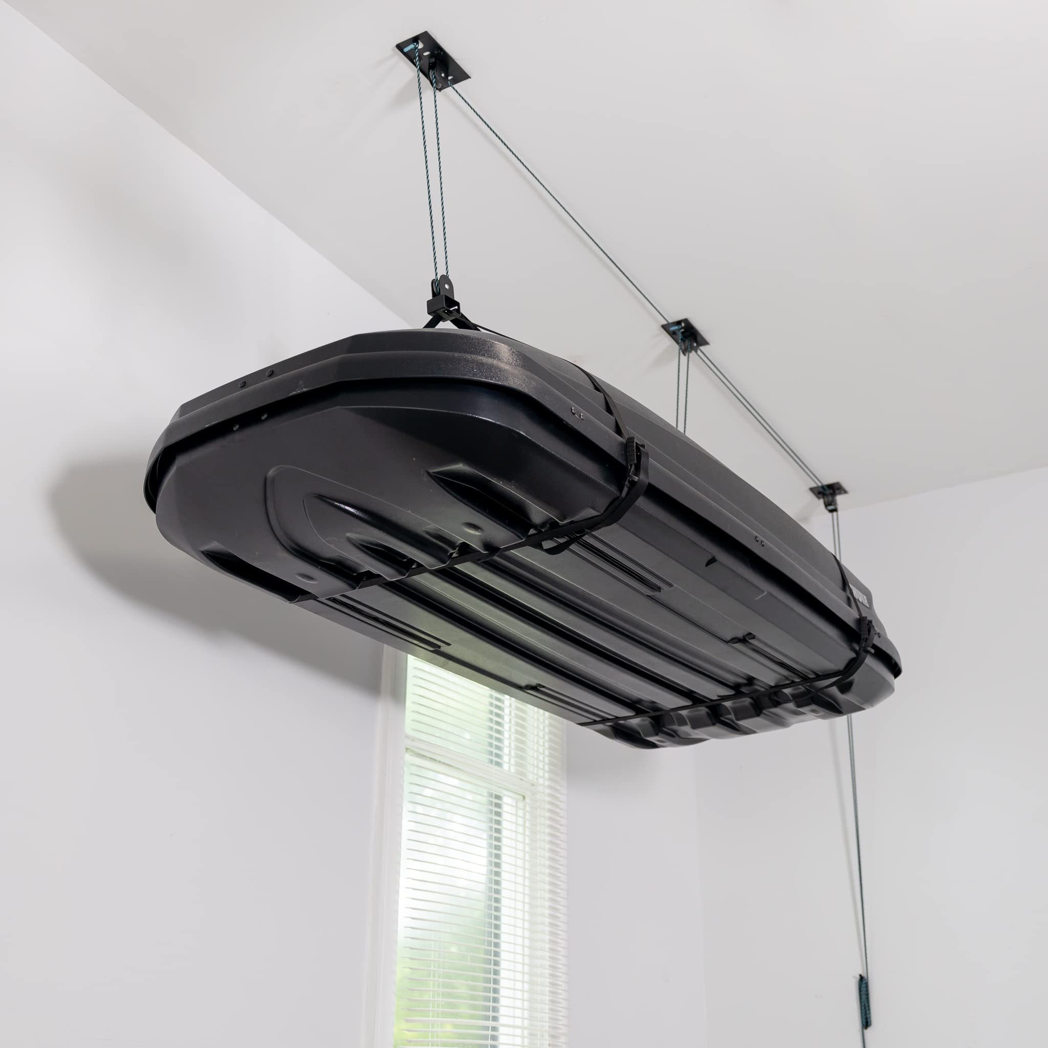 Teal Triangle Elite Cargo Box Storage - Heavy Duty Garage Pulley System & Ceiling Hoist for Home Organization - 150 lbs Capacity - Perfect for Garage Storage, Attic Organization & Outdoor Gear