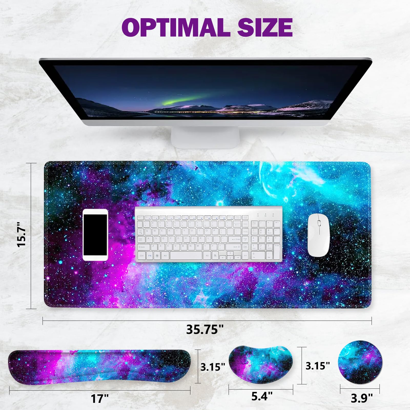 Extended Gaming Mouse Pad with Memory Foam Wrist Rest - Large Non-Slip Desk Mat for PC, Laptop, Office & Gaming - Ergonomic Keyboard Mouse Pad Set with Stitched Edges - Perfect for Home Office, Work, Study & Esports (Nebula Galaxy Design)