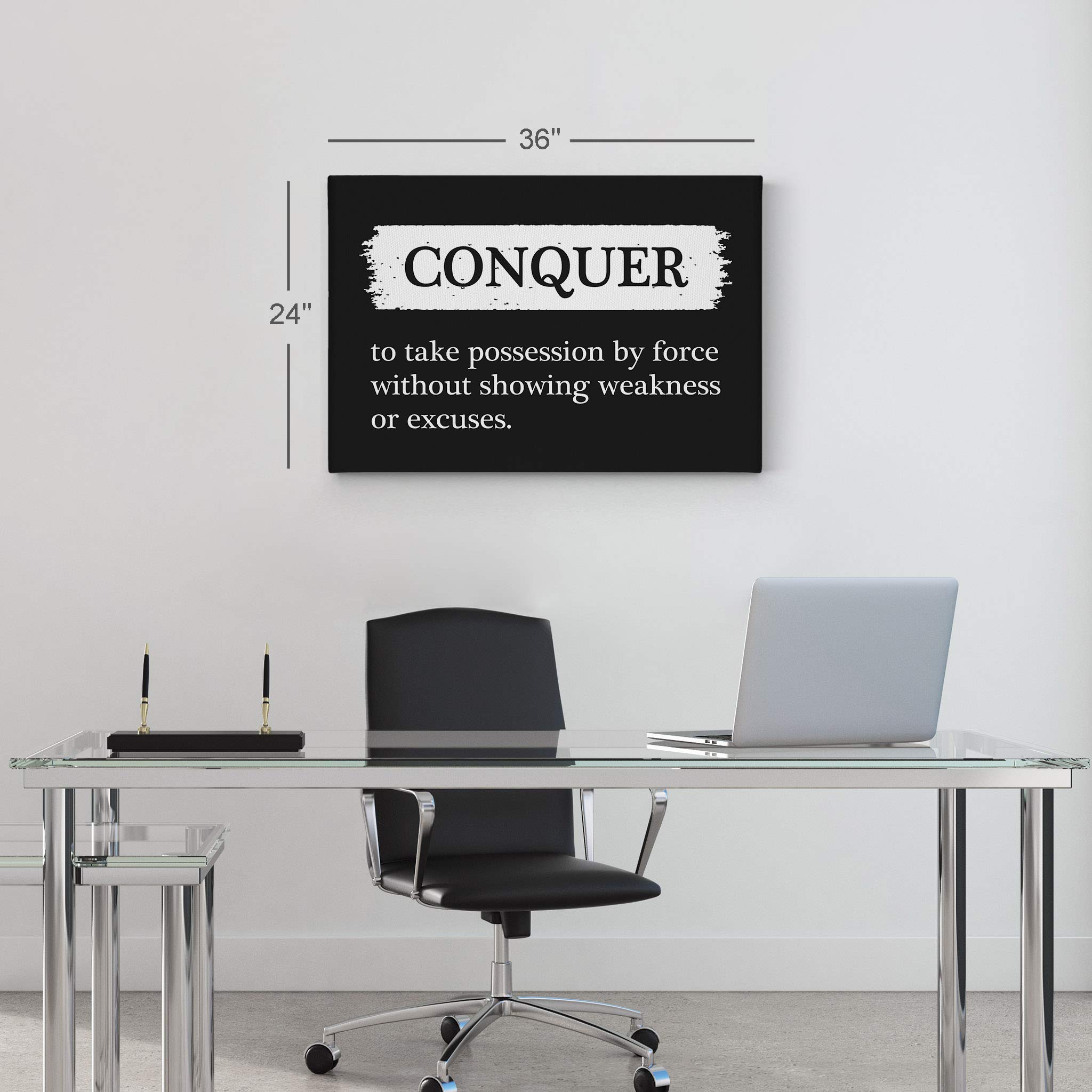 Conquer Definition Motivational Canvas Wall Art - Black & White Dictionary Print Inspirational Office Decor - Entrepreneur Quote Artwork (24x36 Inch) Ready to Hang - Perfect for Home Office, Study Room & Gift Giving