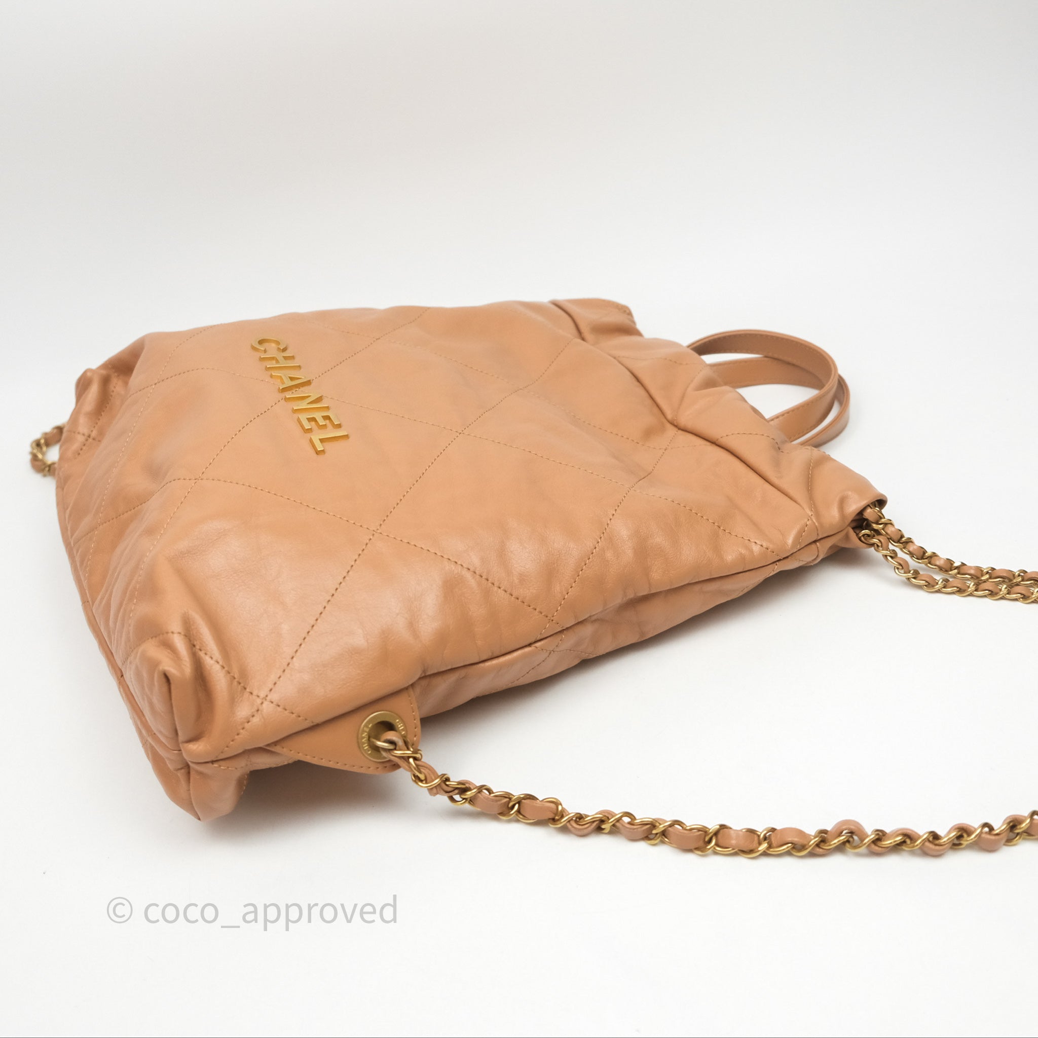 Chanel 22 Small Backpack in Camel Shiny Calfskin with Gold Hardware - Luxury Designer Handbag for Women, Perfect for Everyday Use & Travel Accessories