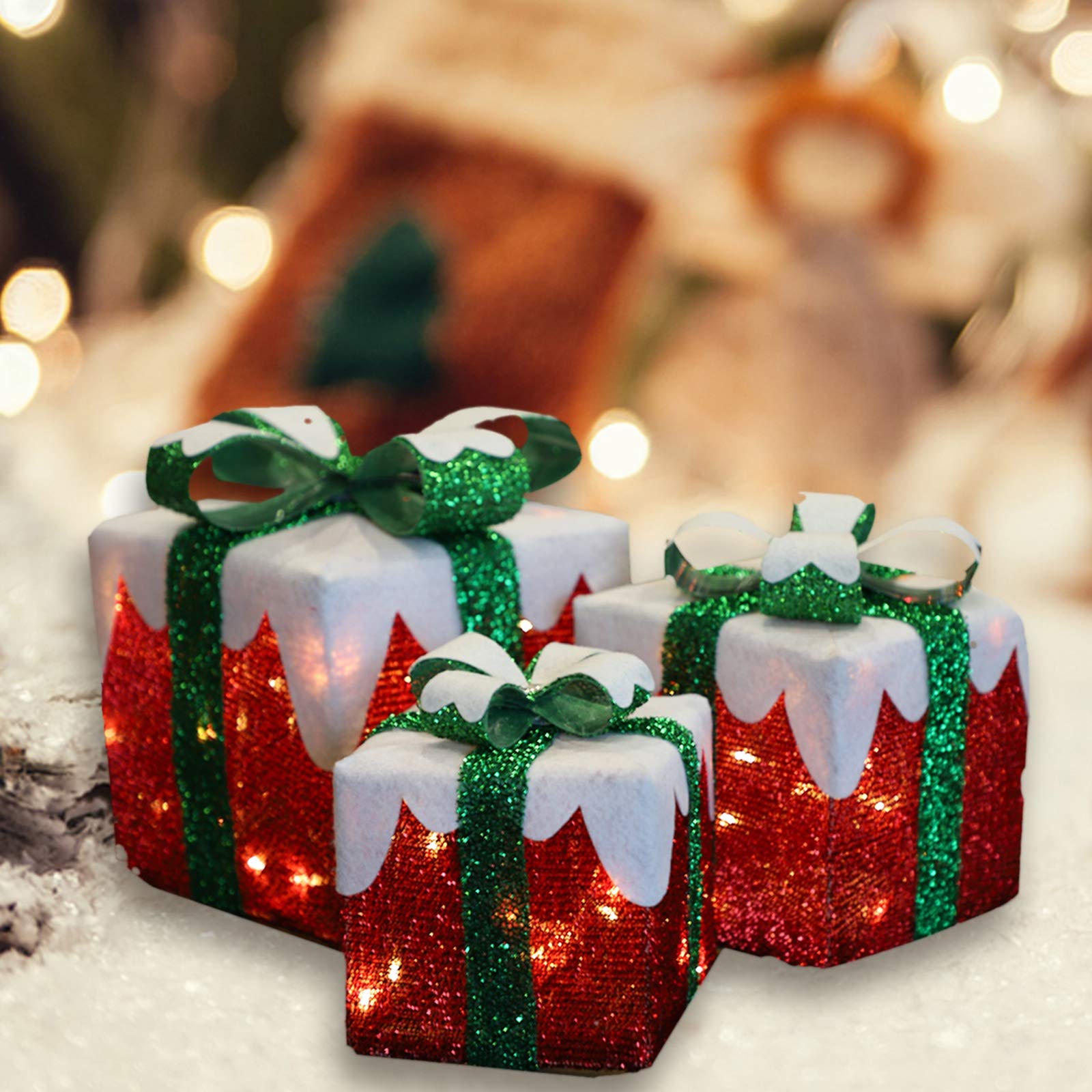 MorTime 3-Pack LED Gift Boxes with Green Bows - Christmas Indoor/Outdoor Decor