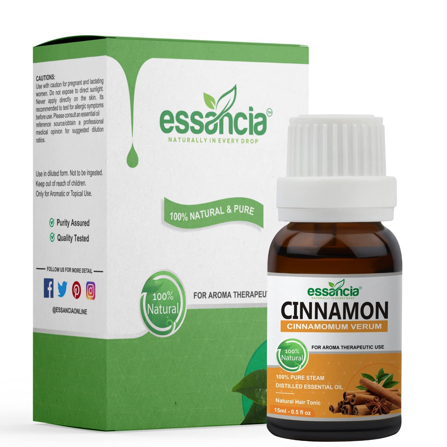 Essencia 100% Pure Cinnamon Essential Oil - 15ml Undiluted Therapeutic Grade for Hair Growth, Skin Care, Massage, Aromatherapy Diffuser & DIY Beauty Recipes | Natural Home Spa & Wellness Solution