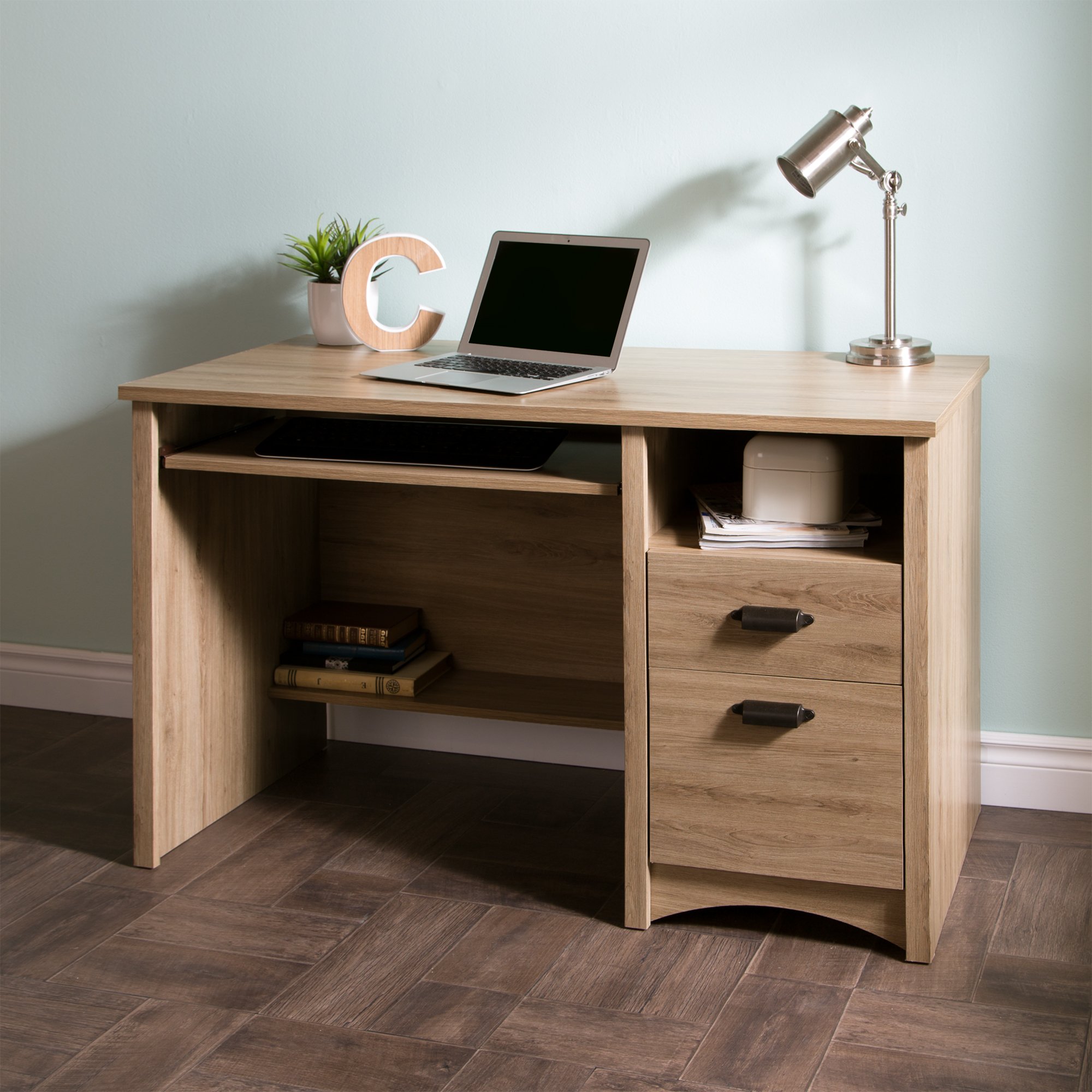 South Shore Gascony Desk - Rustic Oak Finish, Farmhouse Style Writing Desk with Storage Drawer | Perfect for Home Office, Study Room & Dormitory Workspace