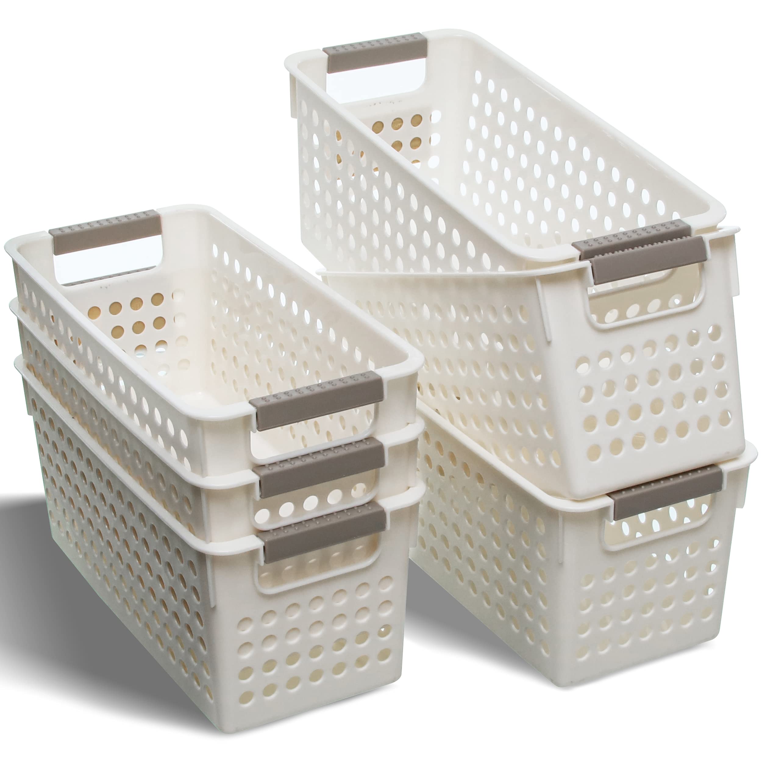 6-Pack Plastic Storage Baskets for Shelves - Small Closet Organizer Bins for Pantry, Bathroom & Bedroom Organization - Space-Saving Off-White Storage Containers for Home & Office Use