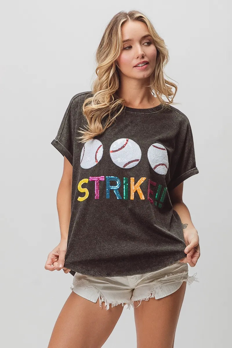 BiBi Sequin Baseballs Strike Washed Short Sleeve T-Shirt | Trendy Casual Top for Women | Perfect for Parties, Concerts & Night Out