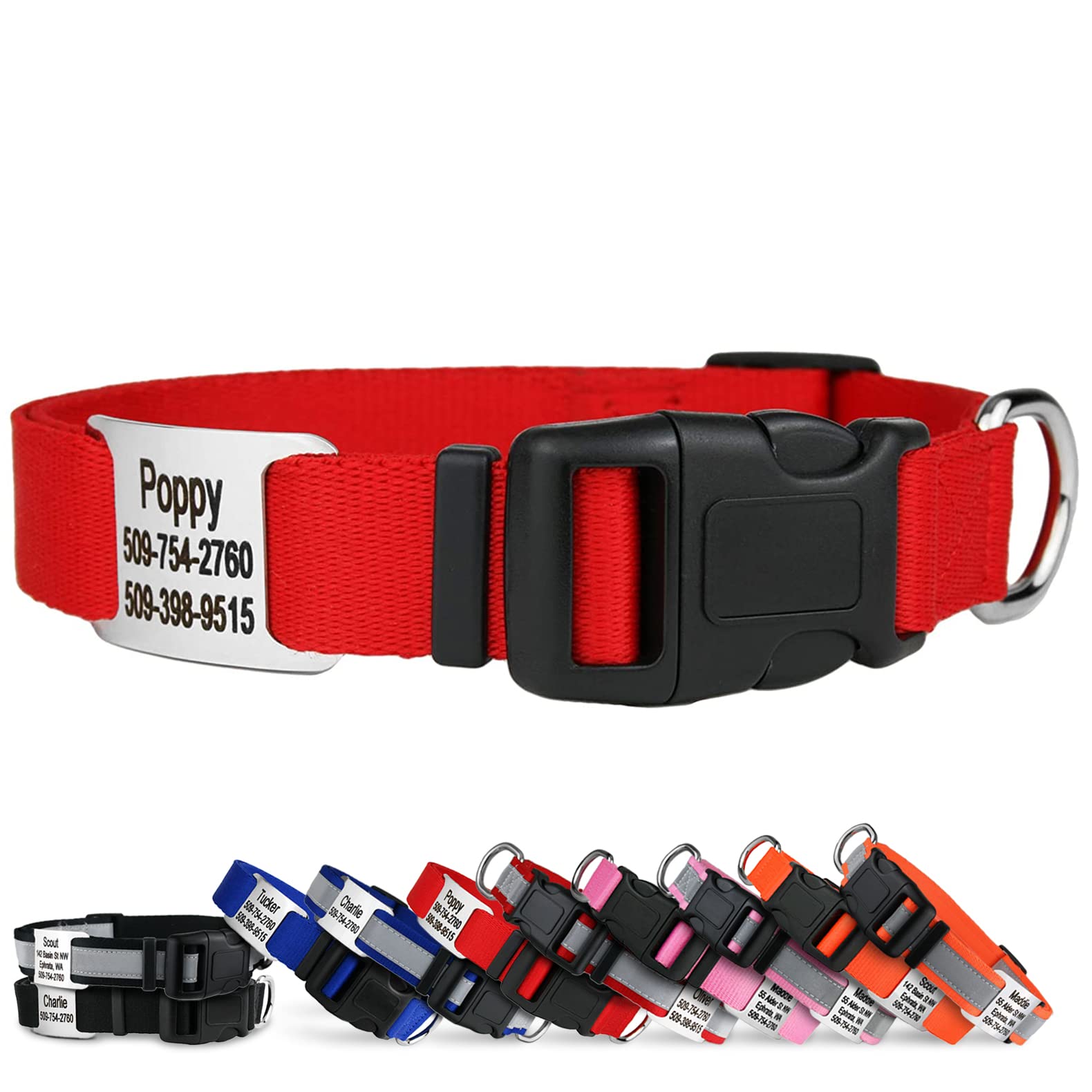 **Personalized Dog Collar with Engraved Nameplate - Adjustable Pet Collar with Silent Stainless Steel ID Tag for Small, Medium & Large Dogs - Perfect for Walks, Training & Gifts (Red, Medium)**