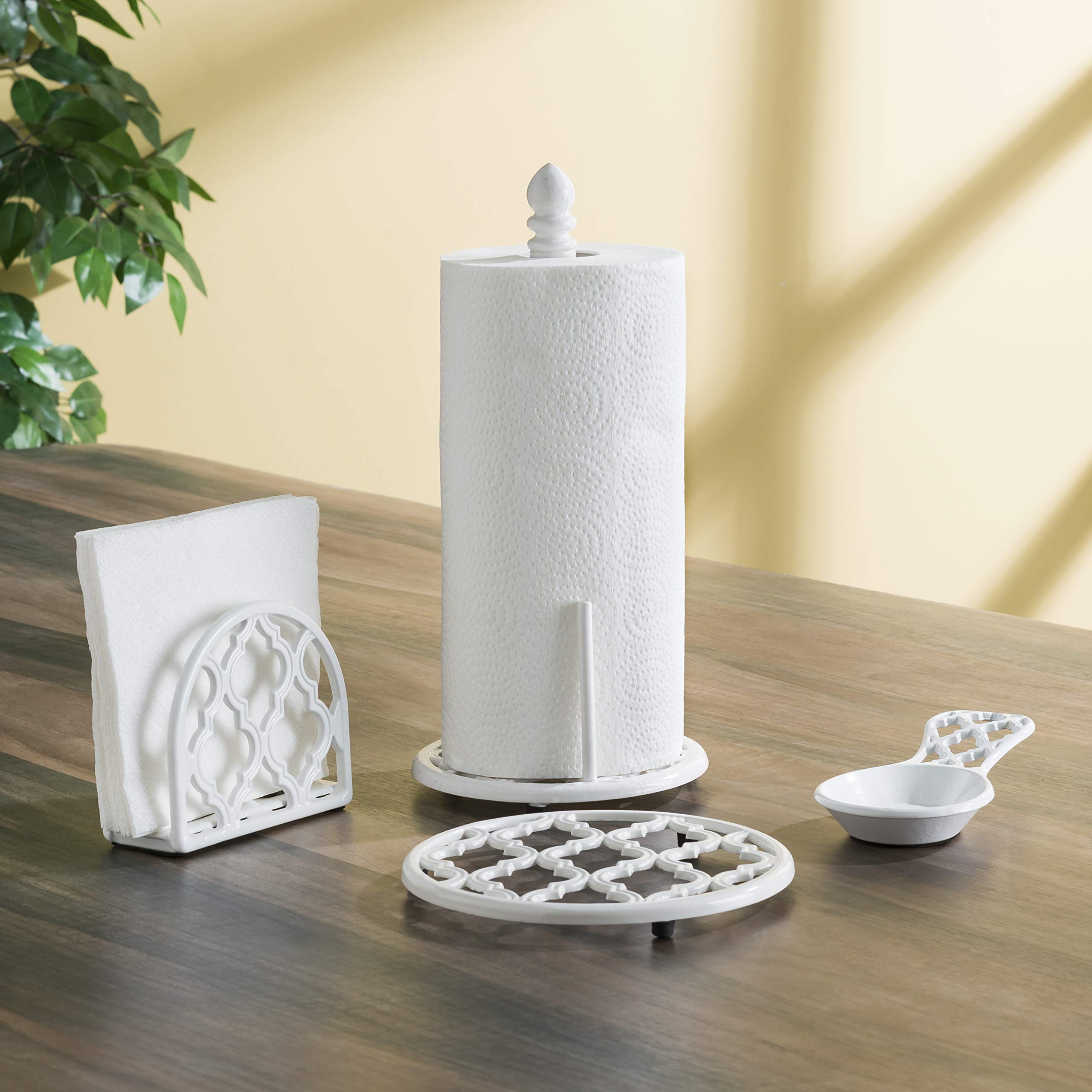 Lattice Design Cast Iron Paper Towel Holder - White Countertop Kitchen Organizer with Tear-Arm & Non-Skid Feet | Perfect for Kitchen Counter, Office Desk, Bathroom & RV | Home Basics