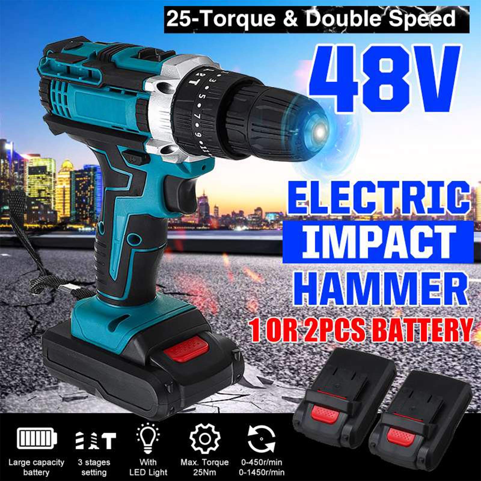 48V Cordless Drill Driver Kit - 25+3 Speed Electric Impact Drill with 3 Functions, Rotary Hammer & Built-in LED - Includes 2 Batteries for DIY Projects & Home Repairs