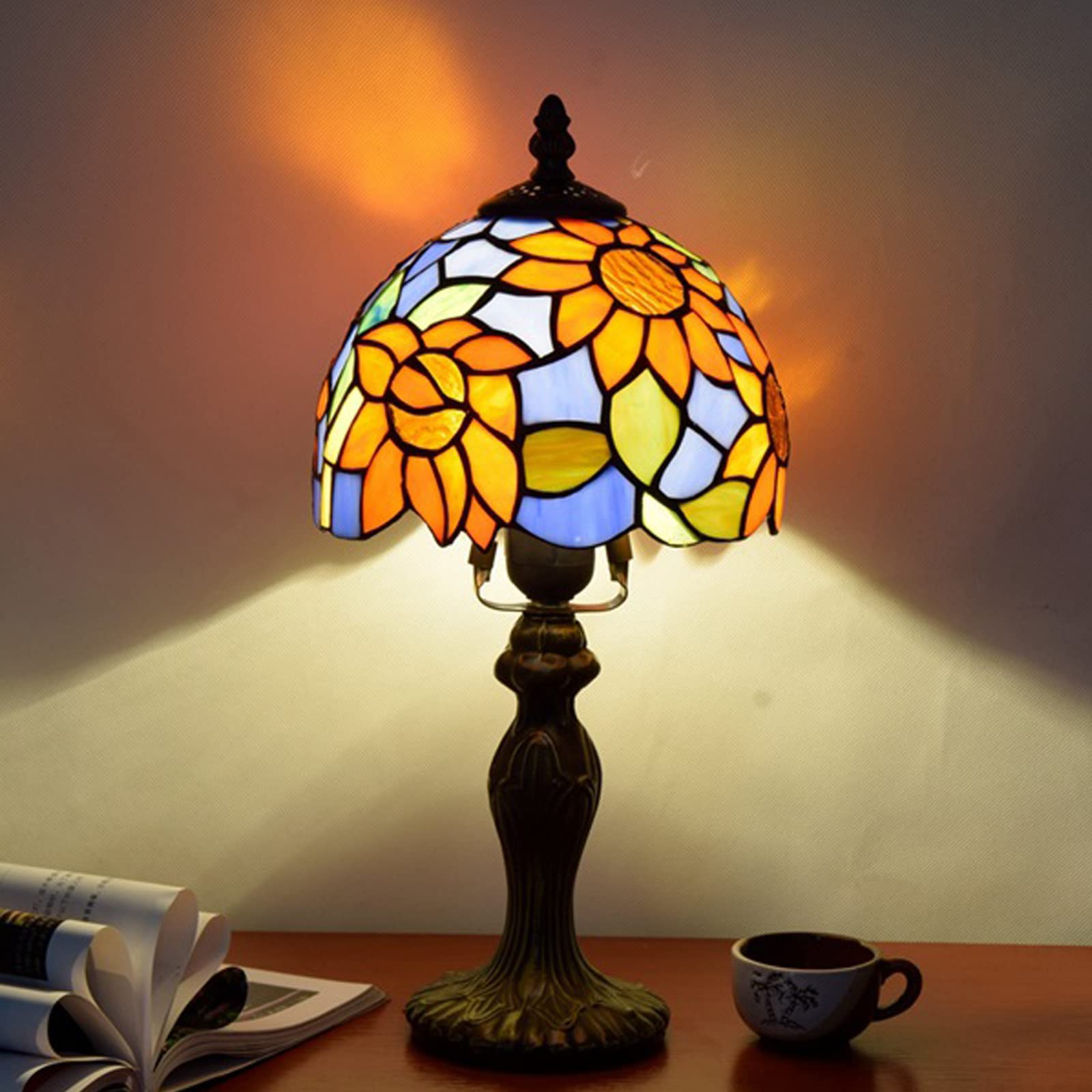 Vintage Tiffany Sunflower Table Lamp - 8 Inch Warm Light for Bedroom & Living Room
