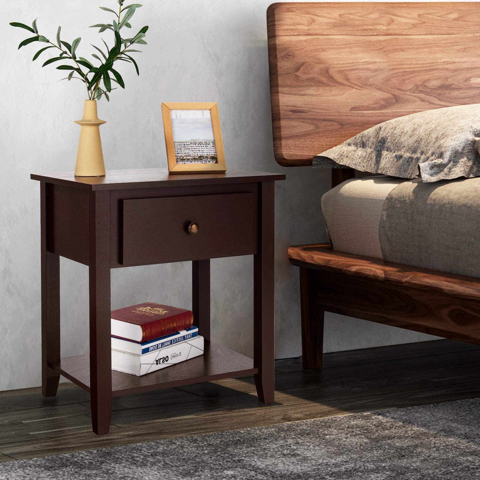 Modern Nightstand with Drawers & Shelf - Solid Pine Wood Bedside Table for Bedroom & Living Room - Espresso Finish