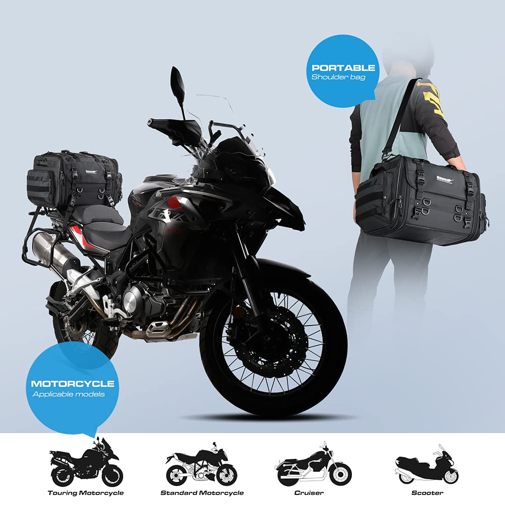 Rhinowalk 60L Expandable Waterproof Motorcycle Tail Bag - All Weather Travel Luggage with Sissy Bar Straps for Trunk & Rack (Black) | Perfect for Long Distance Rides, Commuting & Adventure Touring