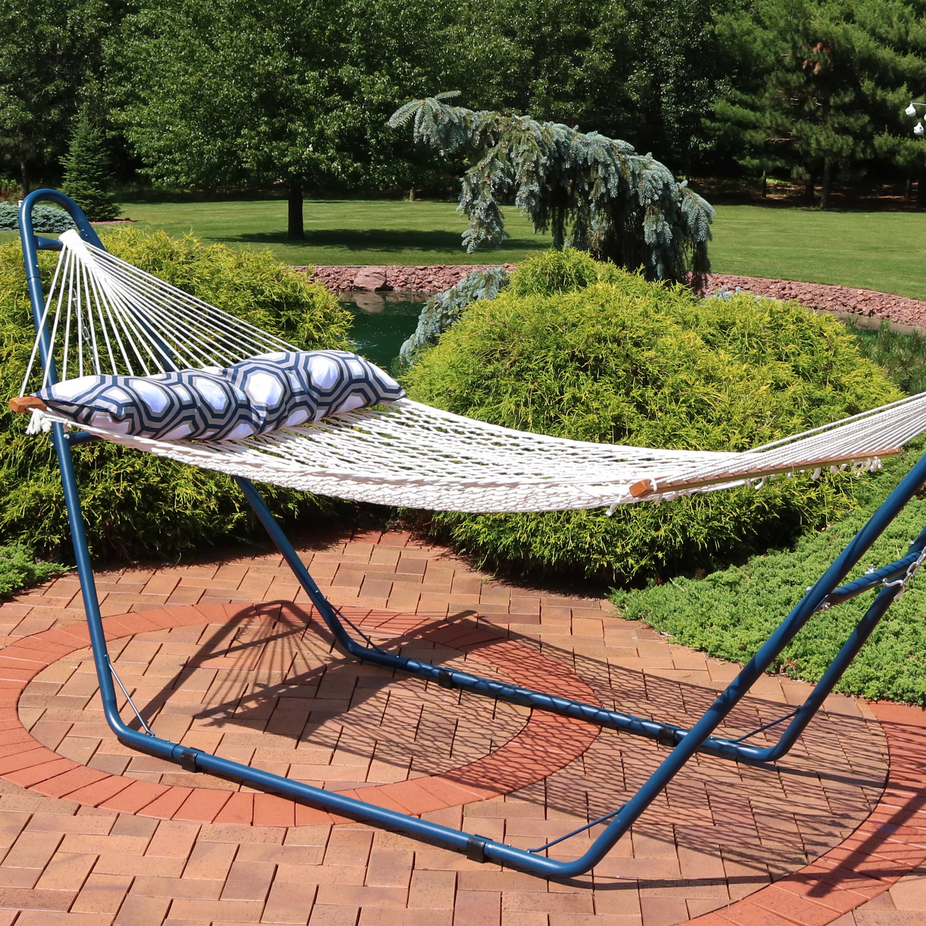 Best 2-Person Polyester Rope Hammock with Pillow - Durable & Comfortable Outdoor Hammock for Backyard, Patio, Beach & Camping - Sunnydaze Relaxation Accessory