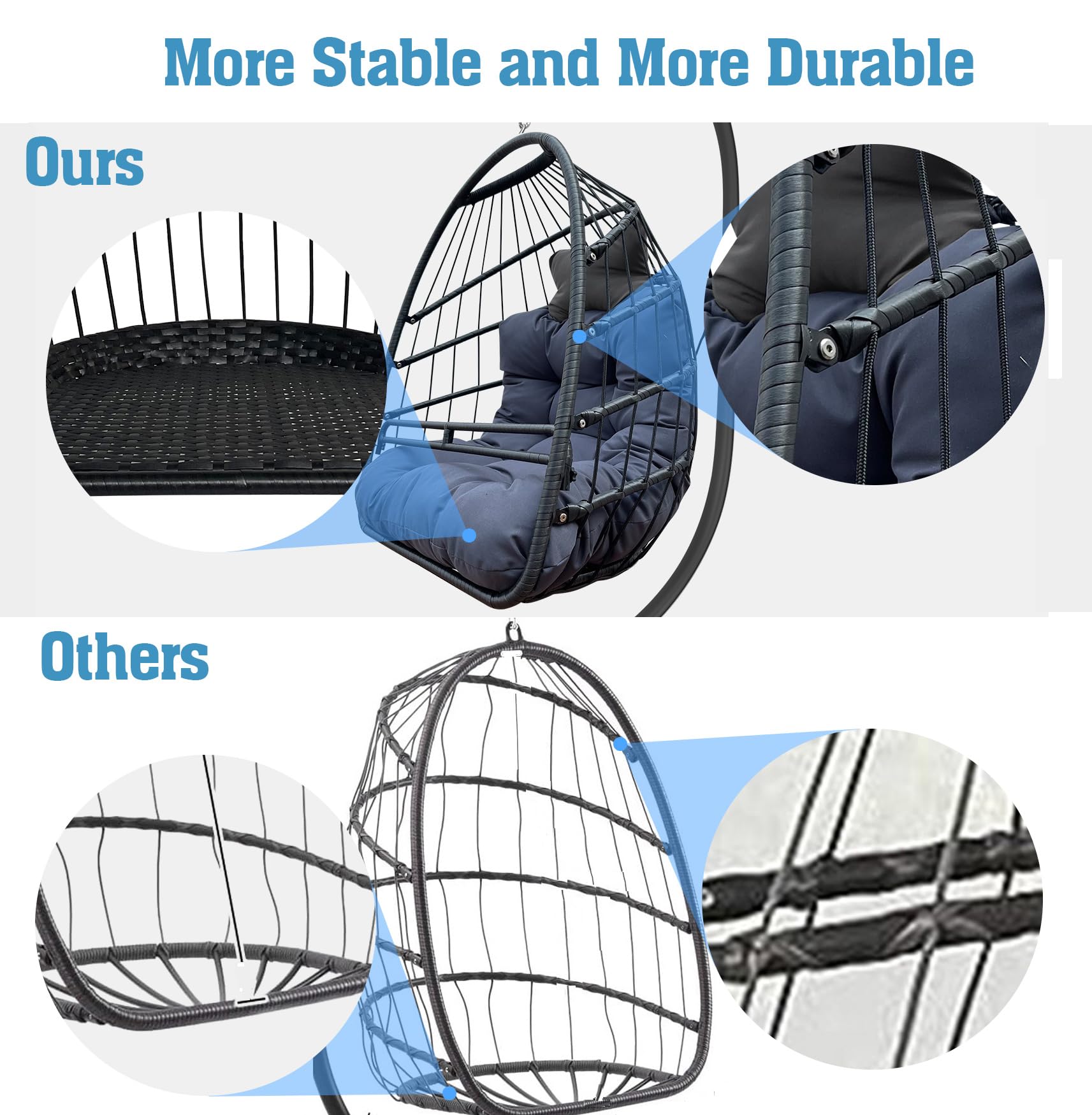 JESE Foldable Wicker Egg Swing Chair with Stand - UV Resistant & Waterproof Cushion, 350lbs Capacity Hanging Chair with Cup Holder - Perfect for Patio, Bedroom, Indoor & Outdoor Relaxation (Black)