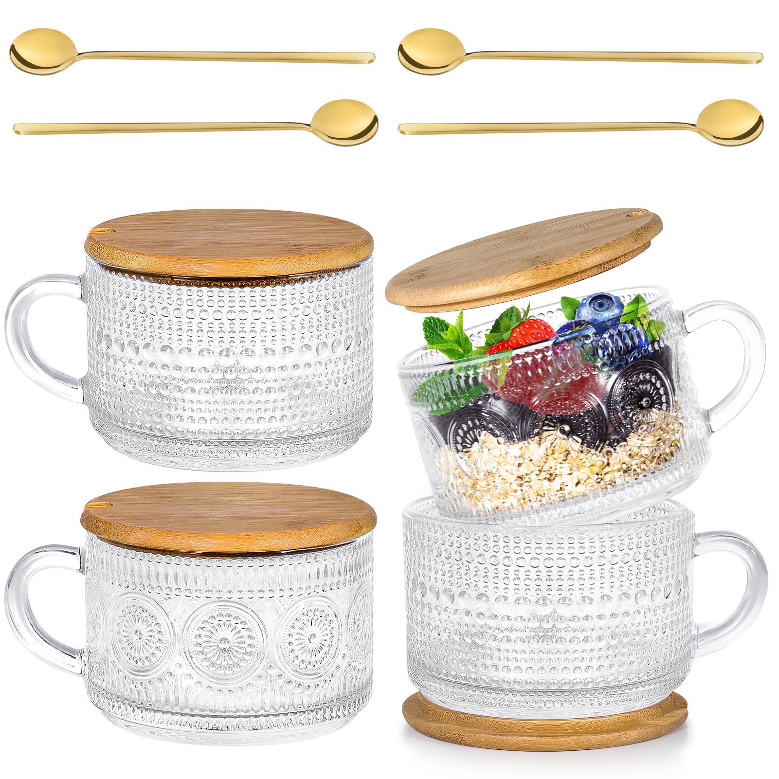 14oz Glass Coffee Mugs with Bamboo Lids & Spoons - Clear Embossed Tea Cups for Cappuccino, Latte & Overnight Oats - Perfect Coffee Bar Accessories & Christmas Thanksgiving Gifts for Home, Office or Cafe Use
