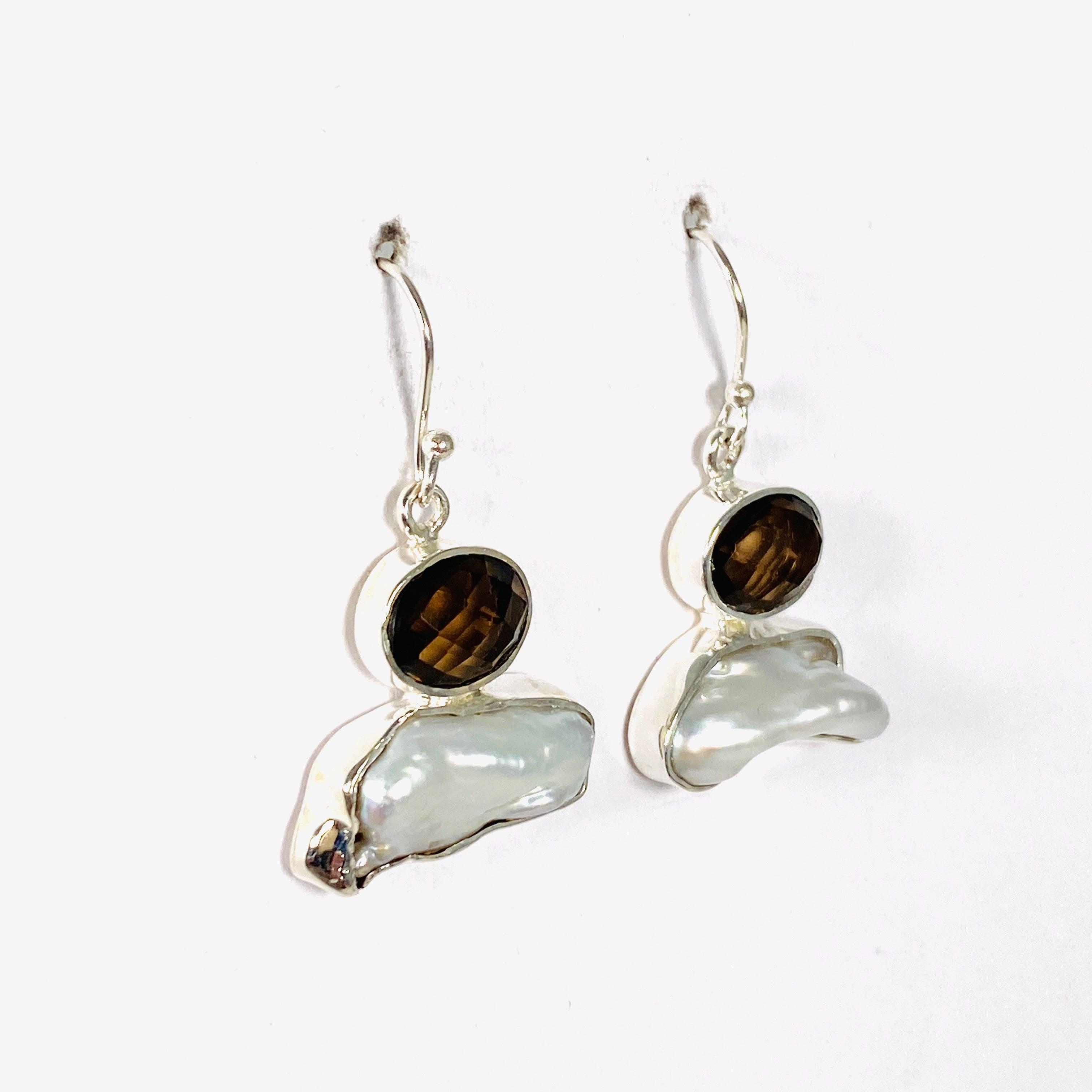 Pearl and Smokey Quartz Faceted Dangle Earrings E2393 SQ - Elegant Jewelry for Women, Perfect for Weddings, Parties & Special Occasions