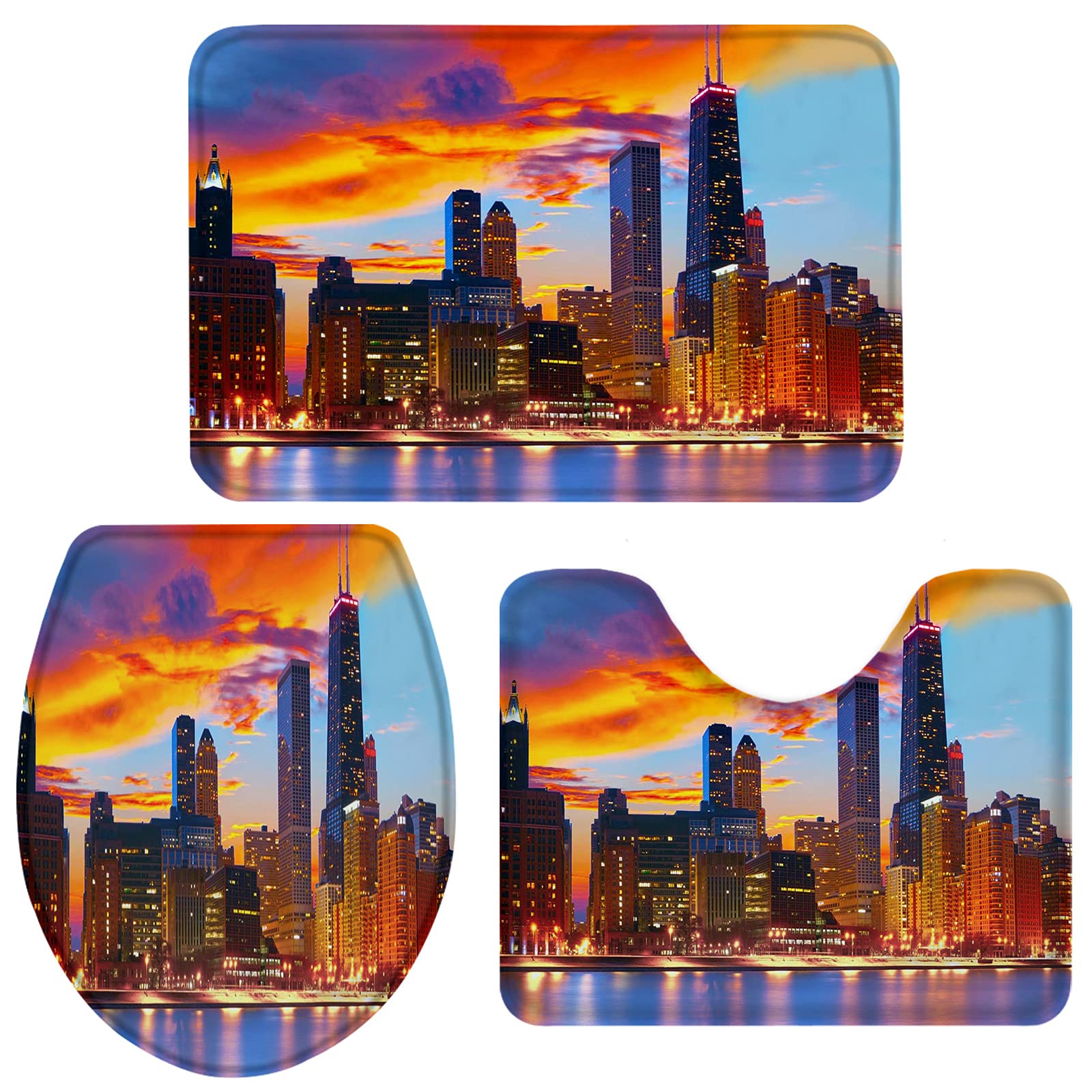 3-Piece Sunset City Skyline Bathroom Rug Set - Super Absorbent U-Shaped Contour Toilet Mat & Lid Cover - Non-Slip Bath Mats for Modern Home Decor (Large Size) | Perfect for Bathroom, Guest Room & Apartment