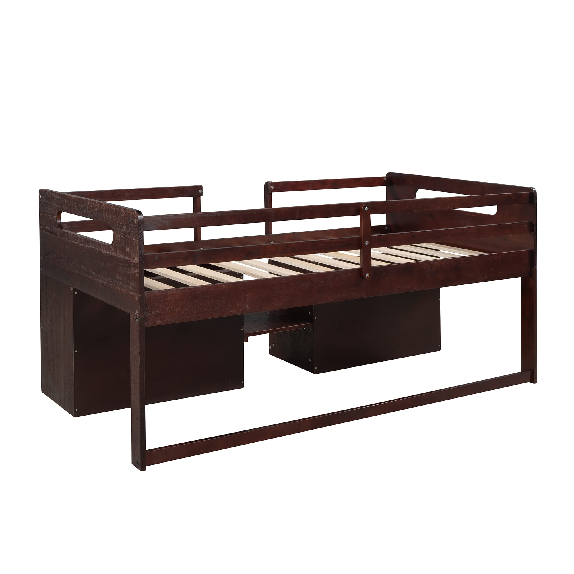 Low Loft Bed with Drawers & Storage - Junior Twin Loft Bed Frame with 2 Drawers & Bookshelves - Wooden Loft Bed for Kids, Toddlers, Boys, Girls & Teens - Antique Espresso Finish - Perfect for Small Bedrooms, Dorms & Space-Saving Kids' Rooms