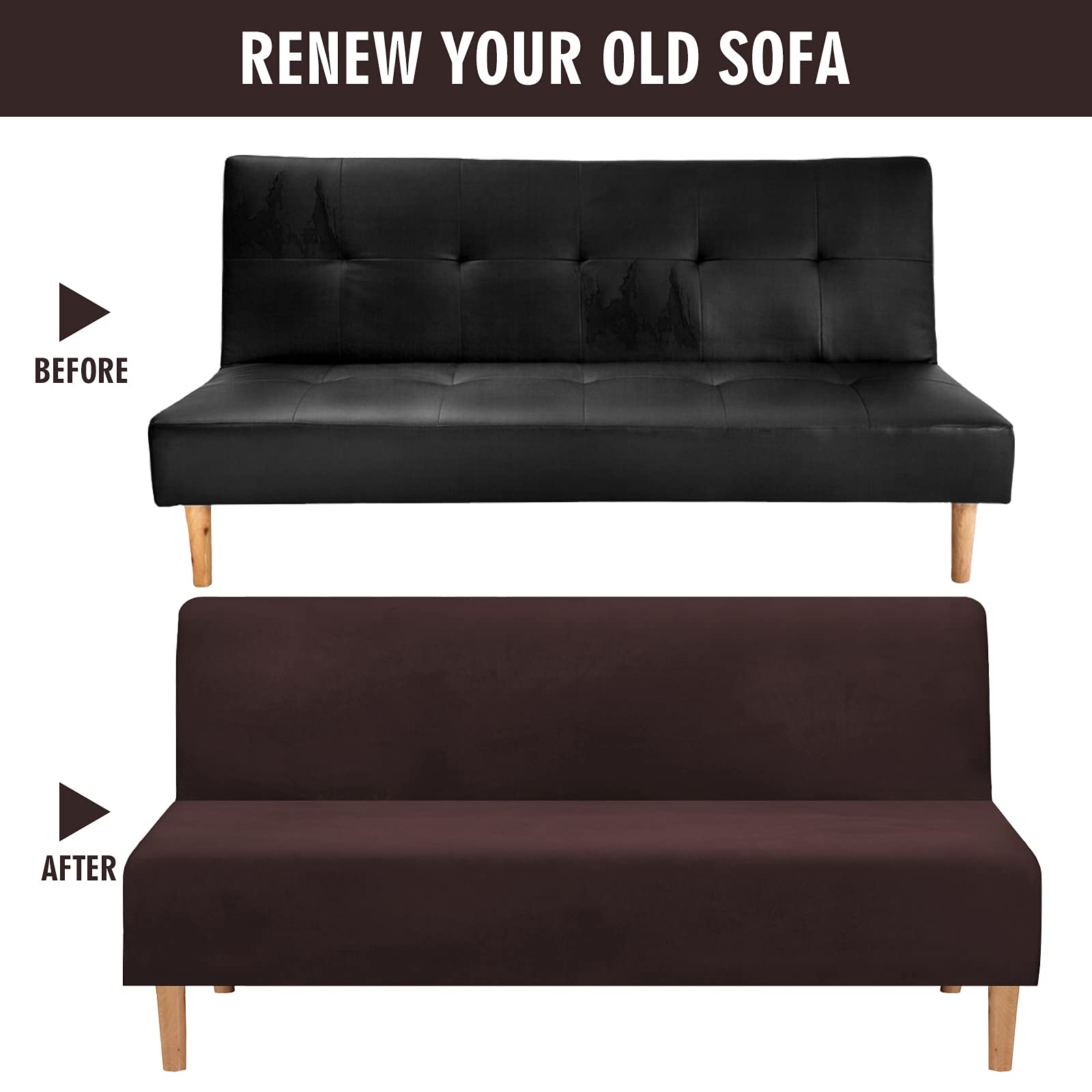 Stretch Sofa Slipcover Armless Futon Cover - Velvet Elastic Polyester Spandex Washable Furniture Protector for Sofa Bed & Folding Couch (Coffee Brown) | Perfect for Living Room, Dorm, Apartment & Home Decor