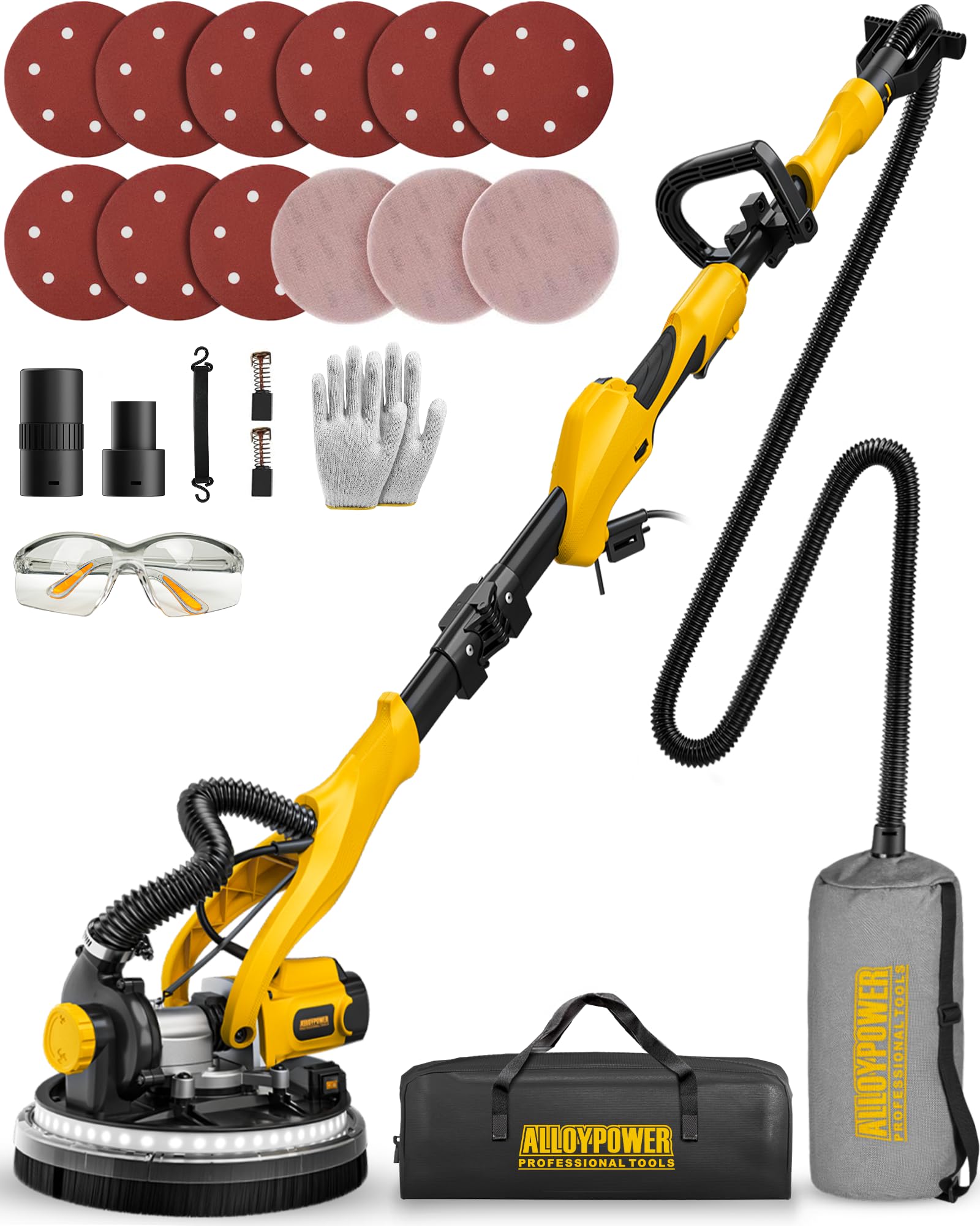 1050W Electric Drywall Sander with Vacuum Dust Collection - 7 Speed Adjustable (2100 RPM) | Double-Deck LED Light, Foldable Handle & Dust Bag | Perfect for Home Renovation & Professional Drywall Sanding