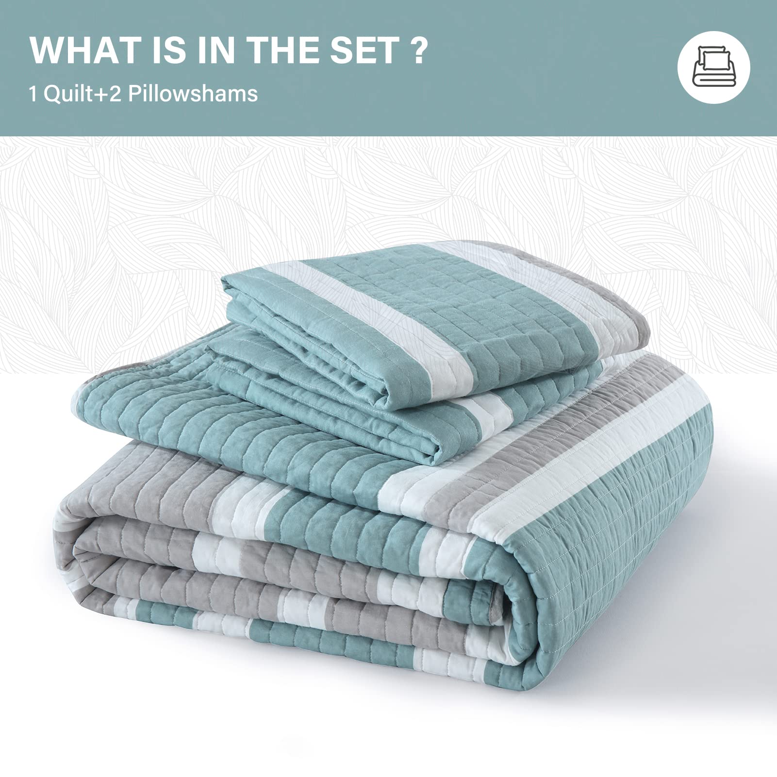 100% Cotton King Size Quilt Set - Lightweight Reversible Striped Bedspread for All Seasons | 3-Piece King Bedding Set in Grayish Green | Perfect for Master Bedroom, Guest Room & Cozy Home Decor