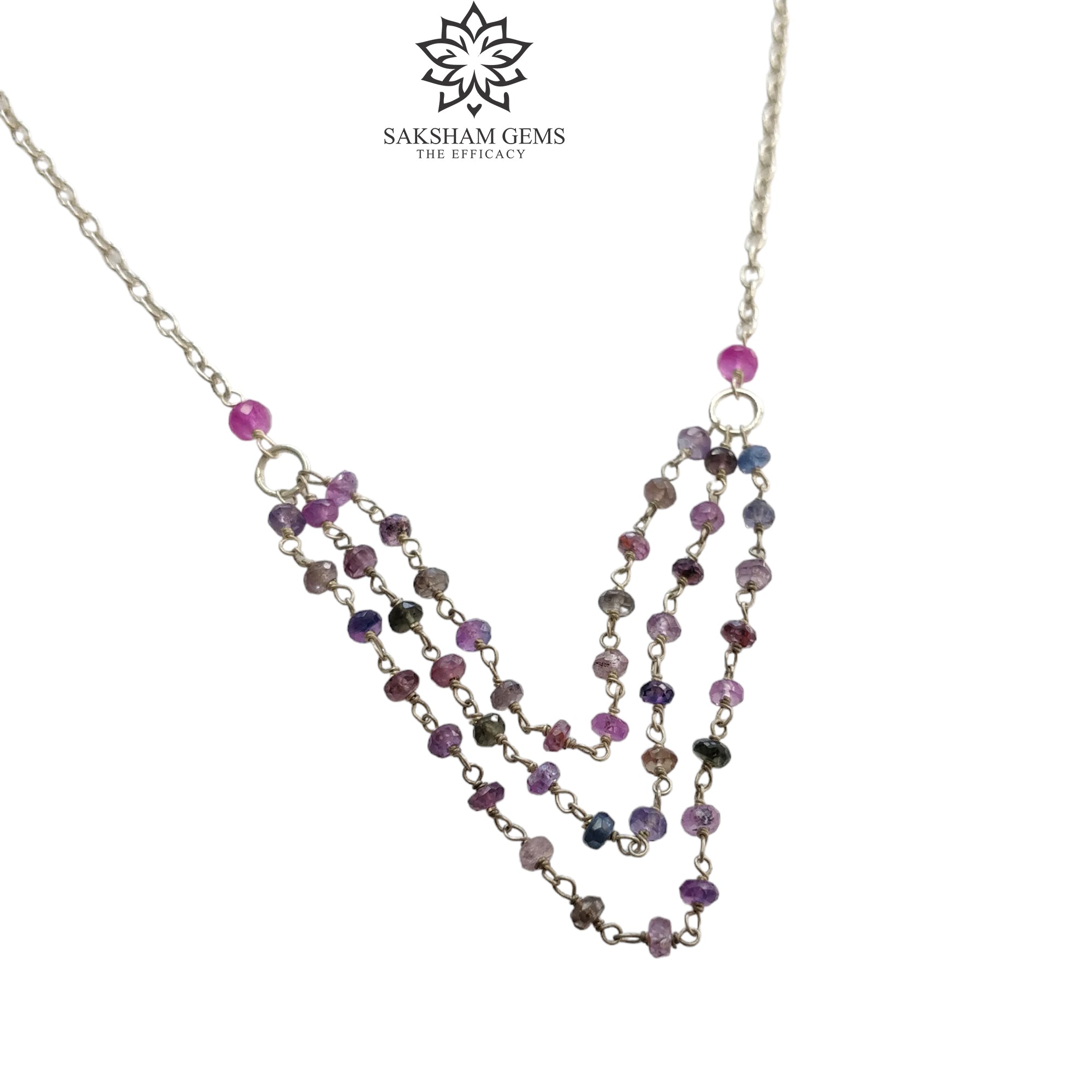 925 Sterling Silver Multi Sapphire Gemstone Beaded Chain Necklace - 5.75g Natural Round Cut Faceted Sapphire Beads, 3-Step Design, 17