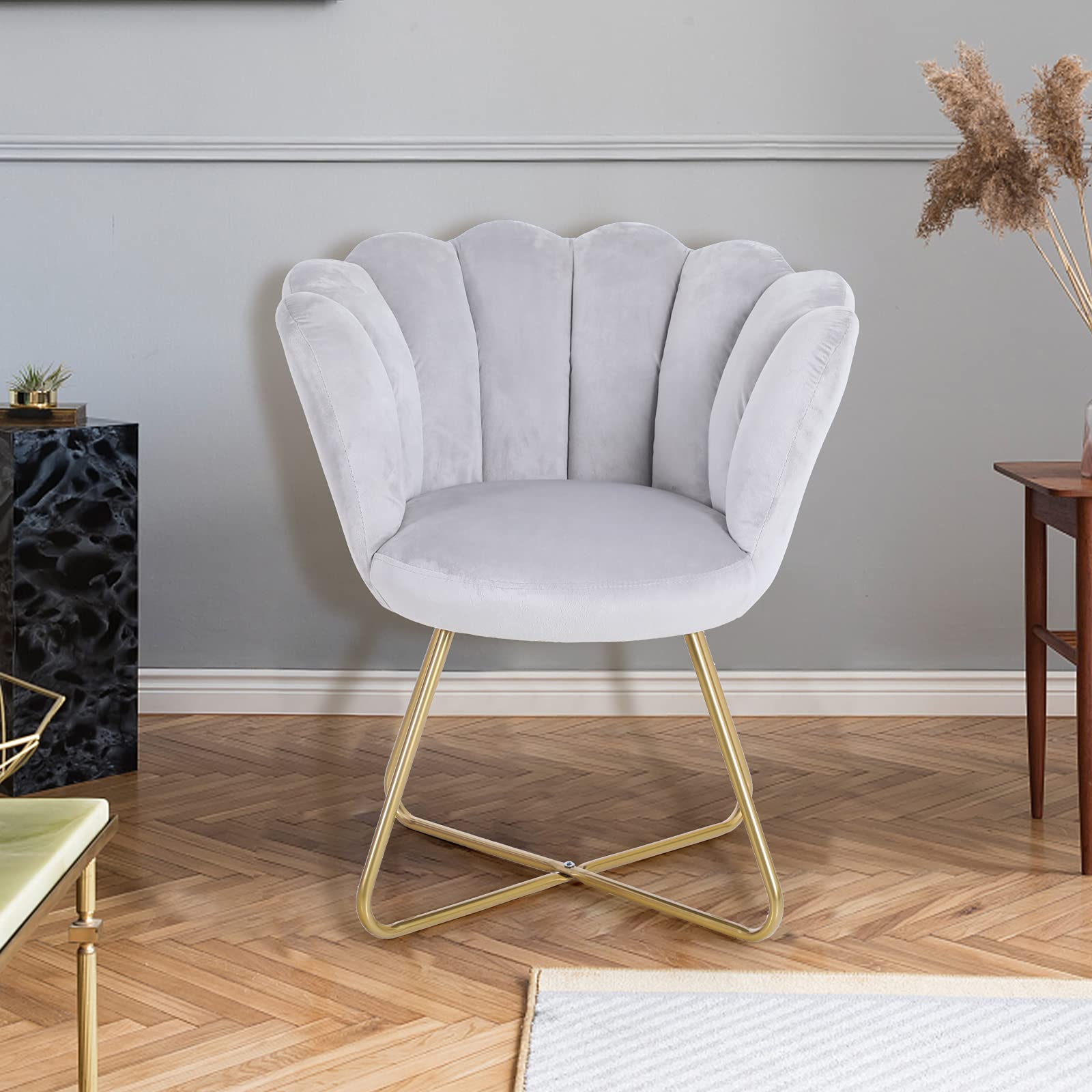 Sophia & William Velvet Accent Chair - Modern Upholstered Mid-Back Leisure Chair with Gold Metal Legs for Living Room, Bedroom, Vanity or Reception Area - Soft Grey Makeup Chair for Home Decor