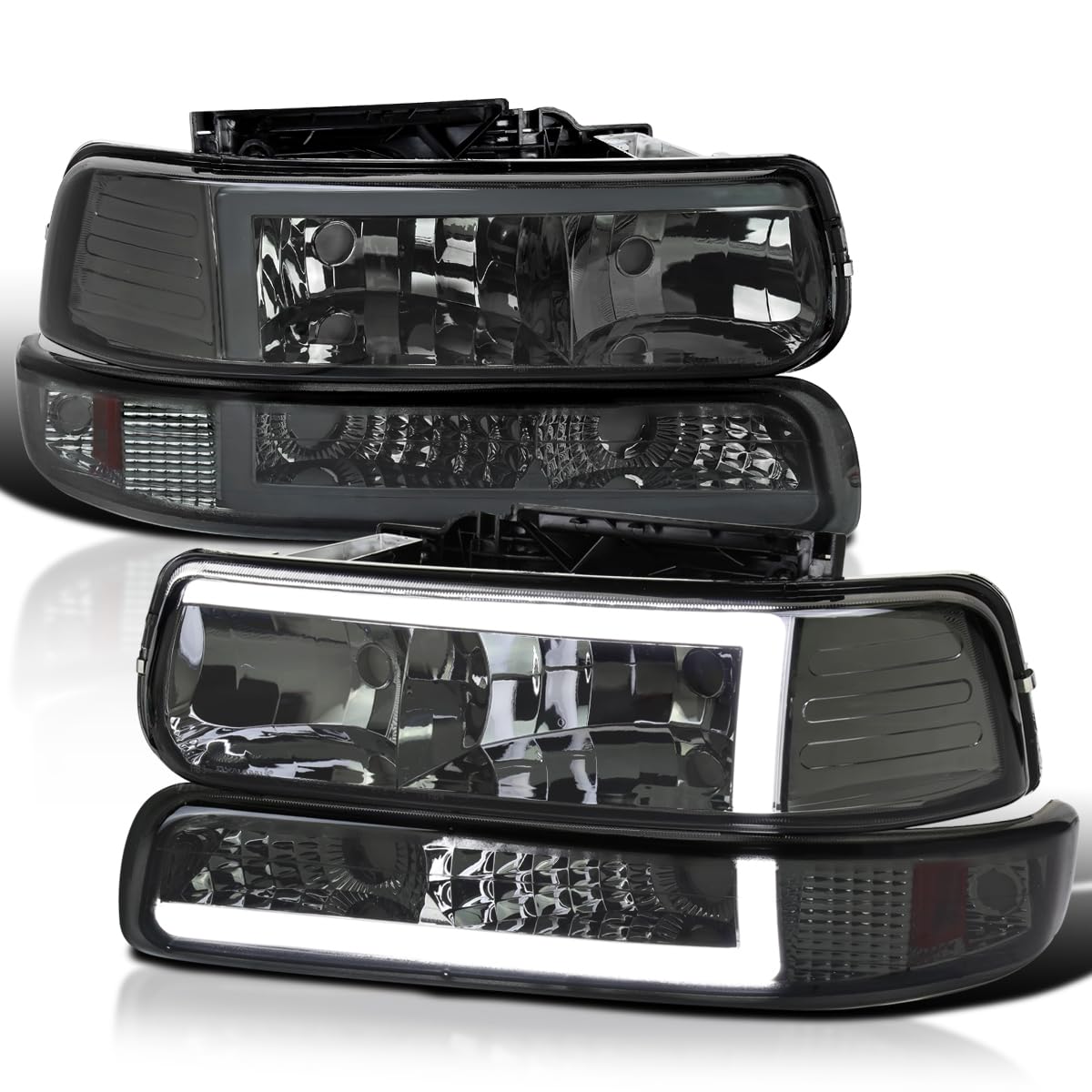 Spec-D Tuning Smoke LED Bar Headlights & Bumper Lights for 1999-2002 Chevy Silverado 2000-2006 Tahoe Suburban - Left & Right Pair Headlamp Assembly - Upgrade Your Truck's Style & Night Visibility for Off-Road & Daily Driving