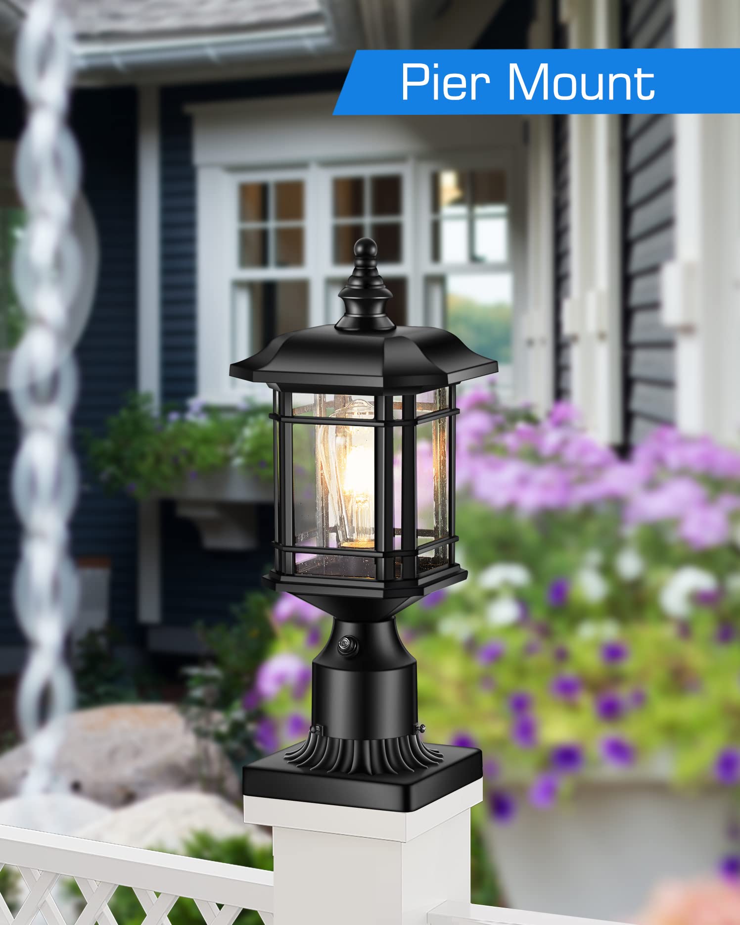 VIANIS Black Outdoor Post Lights - Dusk to Dawn LED Lantern with Pier Mount Base, Waterproof Aluminum Fixture & Tempered Seeded Glass - Perfect for Patio, Garden, Driveway, Walkway, and Front Yard Lighting