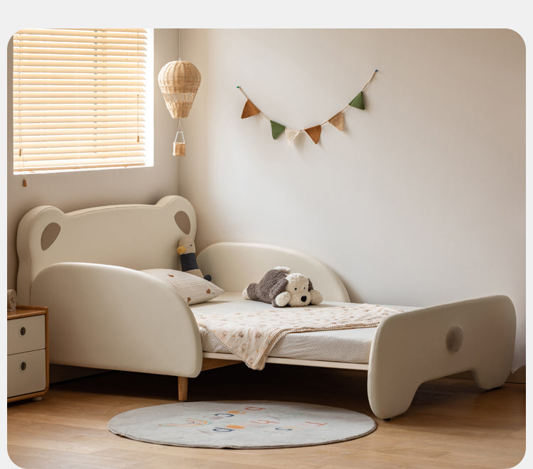 Organic Birch Solid Wood Retractable Kids Bed with Genuine Leather - Perfect for Toddler Rooms, Daycare Centers & Small Spaces