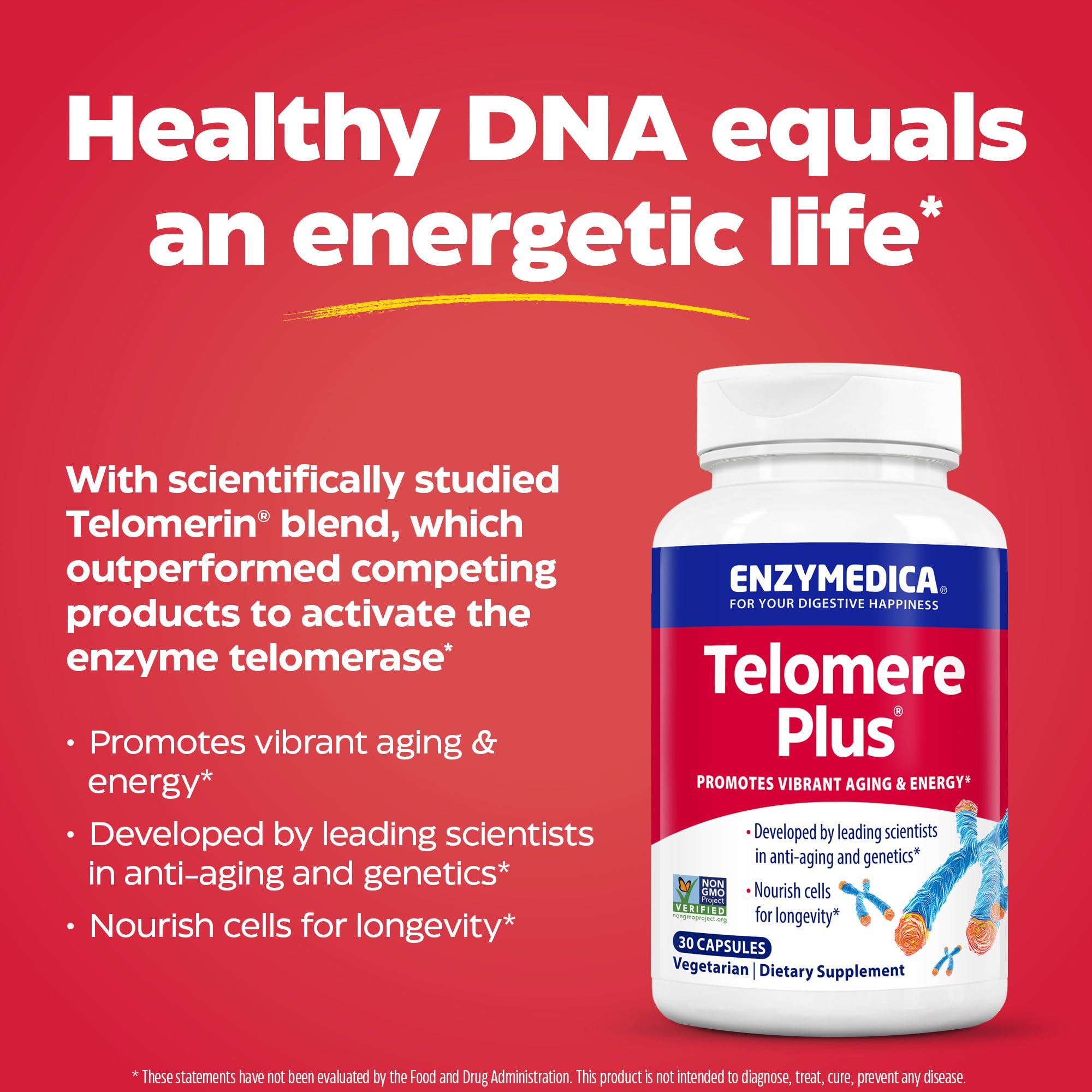 Enzymedica Telomere Plus Supplement - 30 Capsules for Cellular Health & Longevity | Supports Aging & Wellness | Daily Use for Adults