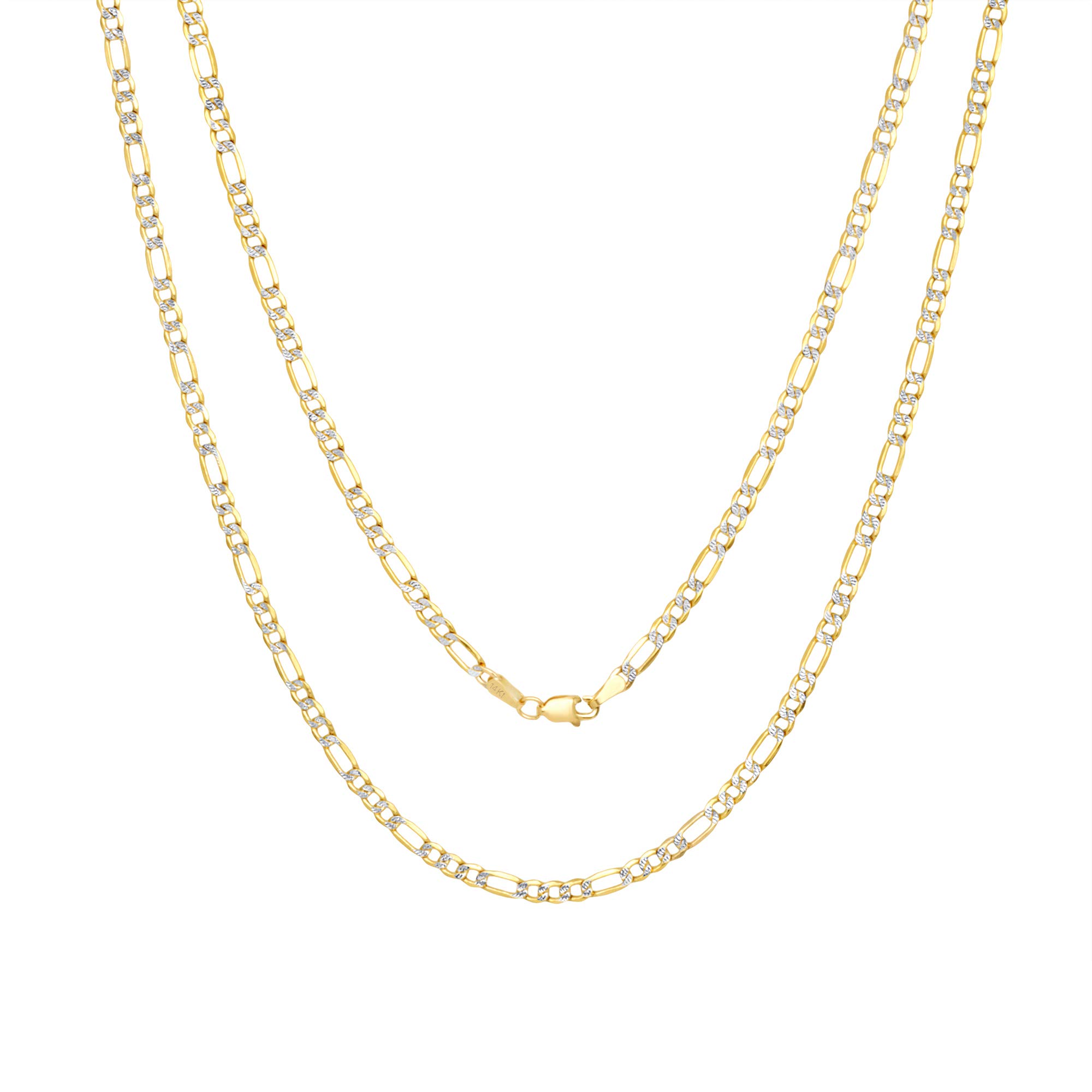14K Real Yellow Gold Figaro Link 3.5mm Diamond Cut Pave Chain Bracelet for Men & Women (7