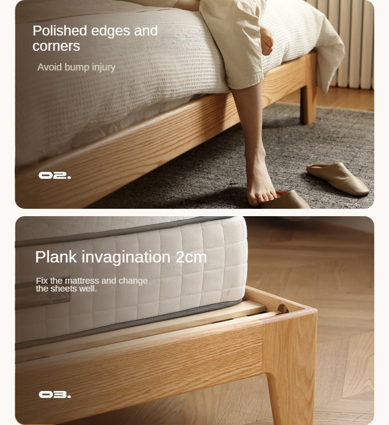 Solid Oak and Beech Wood Bed with Built-in LED Lights and Bookshelf - Modern Bedroom Furniture for Small Spaces, Lofts, and Studio Apartments