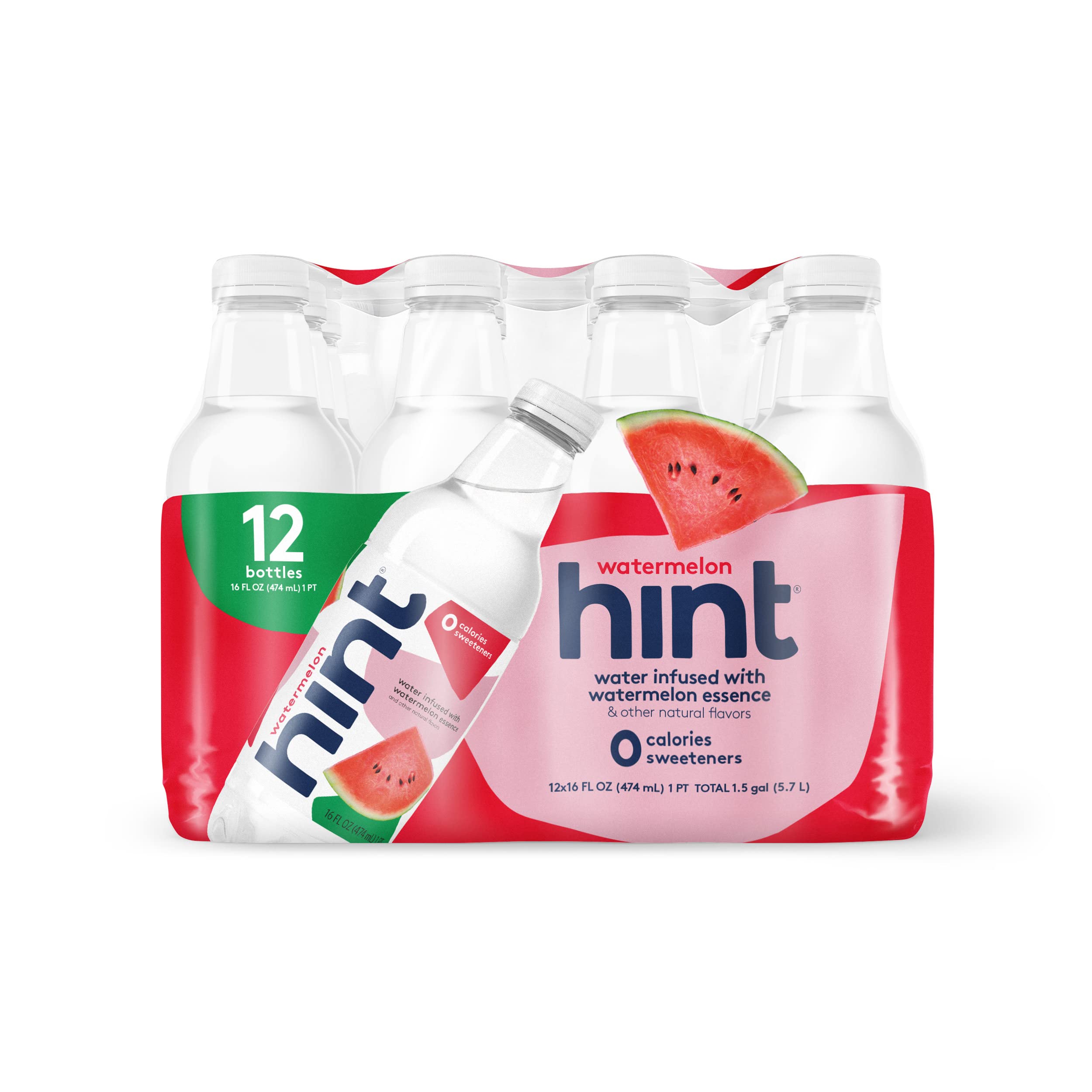 Hint Water Watermelon Flavored Water (Pack of 12), 16 Ounce Bottles - Zero Sugar, Zero Calories, No Artificial Sweeteners or Preservatives - Refreshing Hydration for Workouts, Yoga, Office & Outdoor Activities
