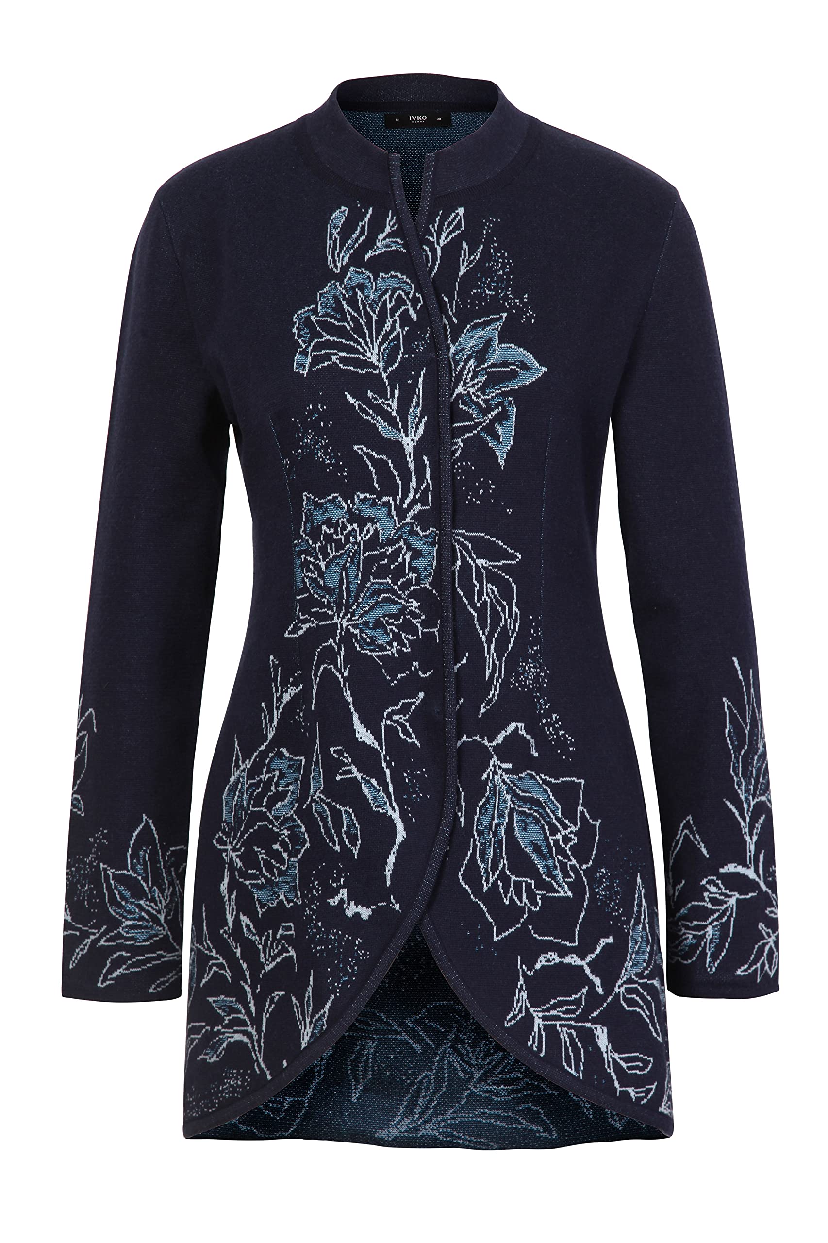 IVKO Women's Long Jacket Cardigan - Indigo Blossom Print, Navy Blue Cotton Sweater with Hidden Snaps | Perfect for Fall Layering, Office Wear & Casual Outfits