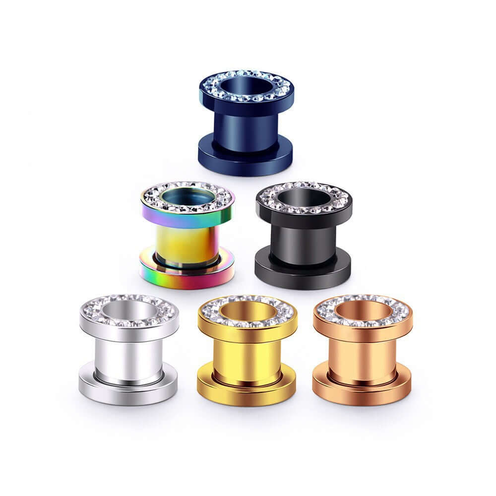 Black CZ Hollow Screw Fit Tunnel Plug Set | UZ299 | Stylish Body Jewelry for Ear Stretching & Alternative Fashion