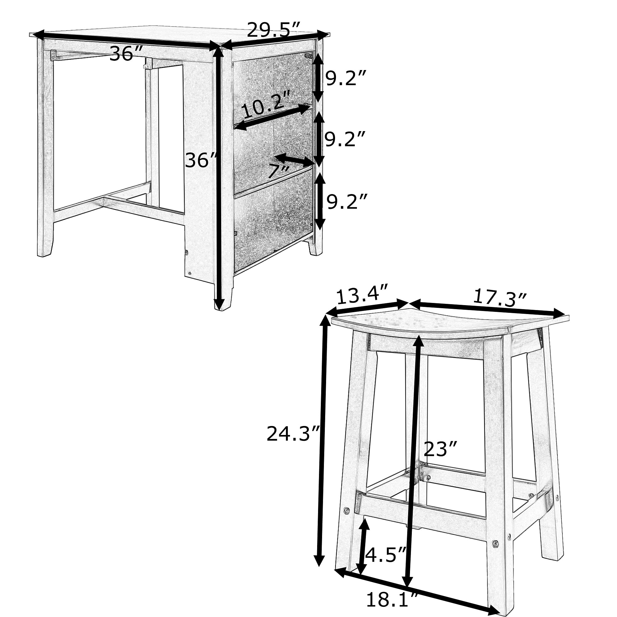 Compact 3-Piece Wooden Counter Height Dining Set with 2 Suspended Stools & 3-Tier Storage, Perfect for Small Spaces, Kitchen Nooks, and Cozy Apartments