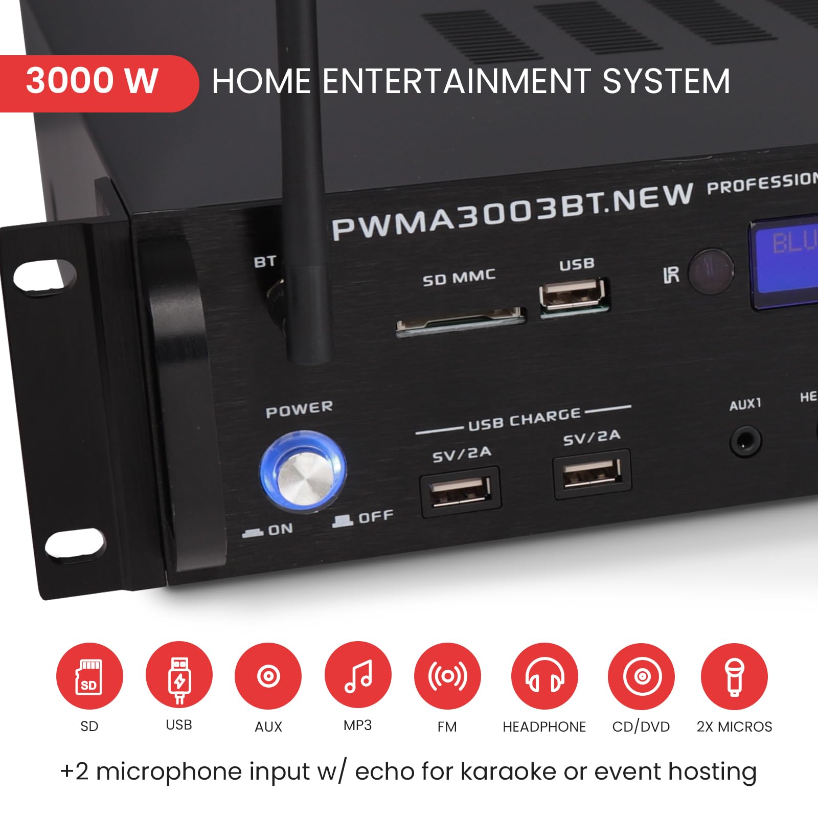Pyle 3000W 4-Channel Bluetooth Home Audio Power Amplifier - Stereo Receiver with Speaker Selector, FM Radio, USB, Headphone Jack & 2 Wireless Mics for Karaoke - Perfect for Home Theater, Parties & Entertainment System (Model PWMA3003BT)
