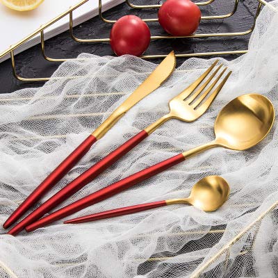 16-Piece Gold Plated Stainless Steel Silverware Set - 18/10 Dinner Knife & Fork Cutlery Set for Travel, Camping & Picnics - Elegant Red Tableware by ZZYY - Perfect for Outdoor Dining, Parties & Gifts