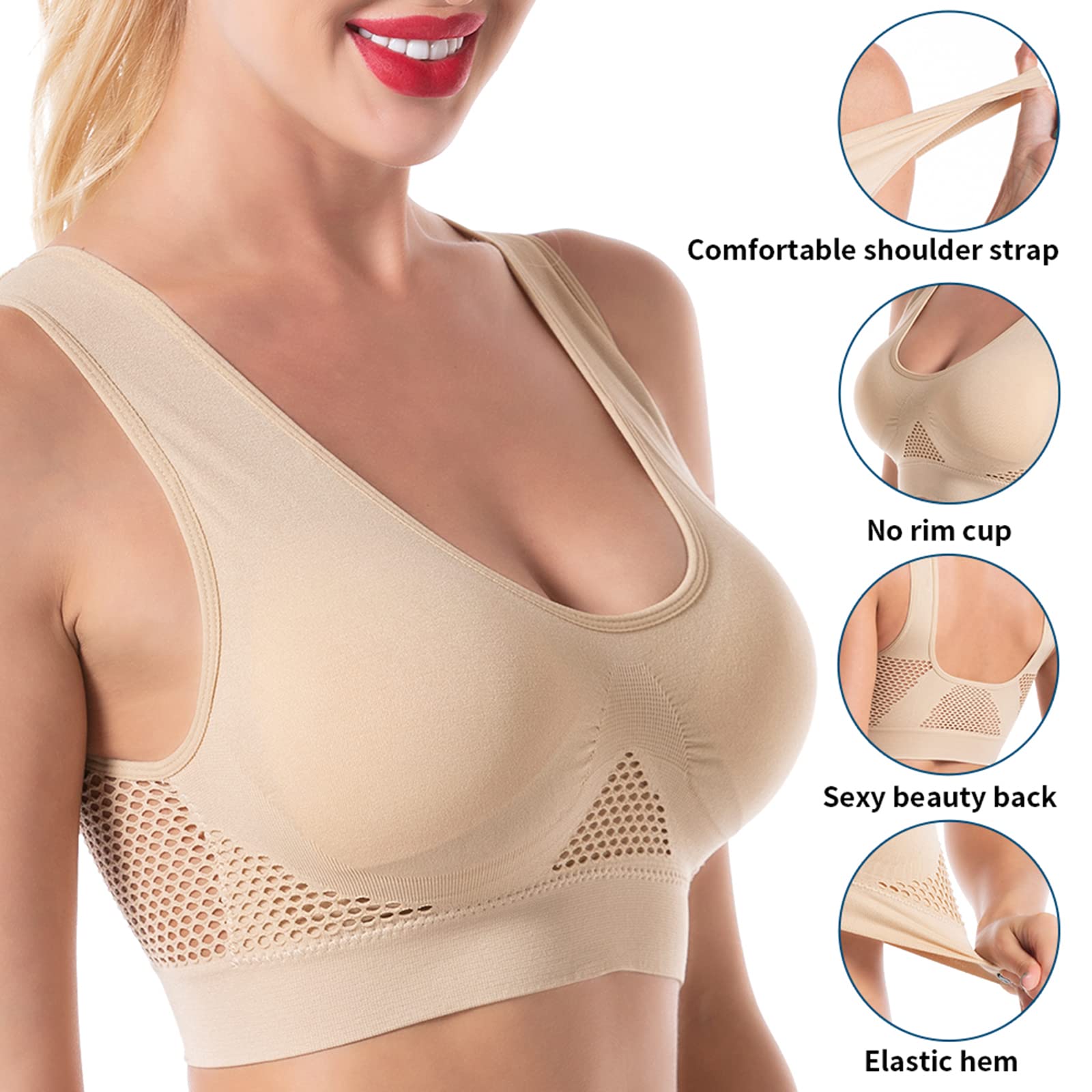 **Plus Size Women's Sports Bras - Breathable Mesh Padded Tank Top with No Underwire for Yoga, Running & Gym Workouts**